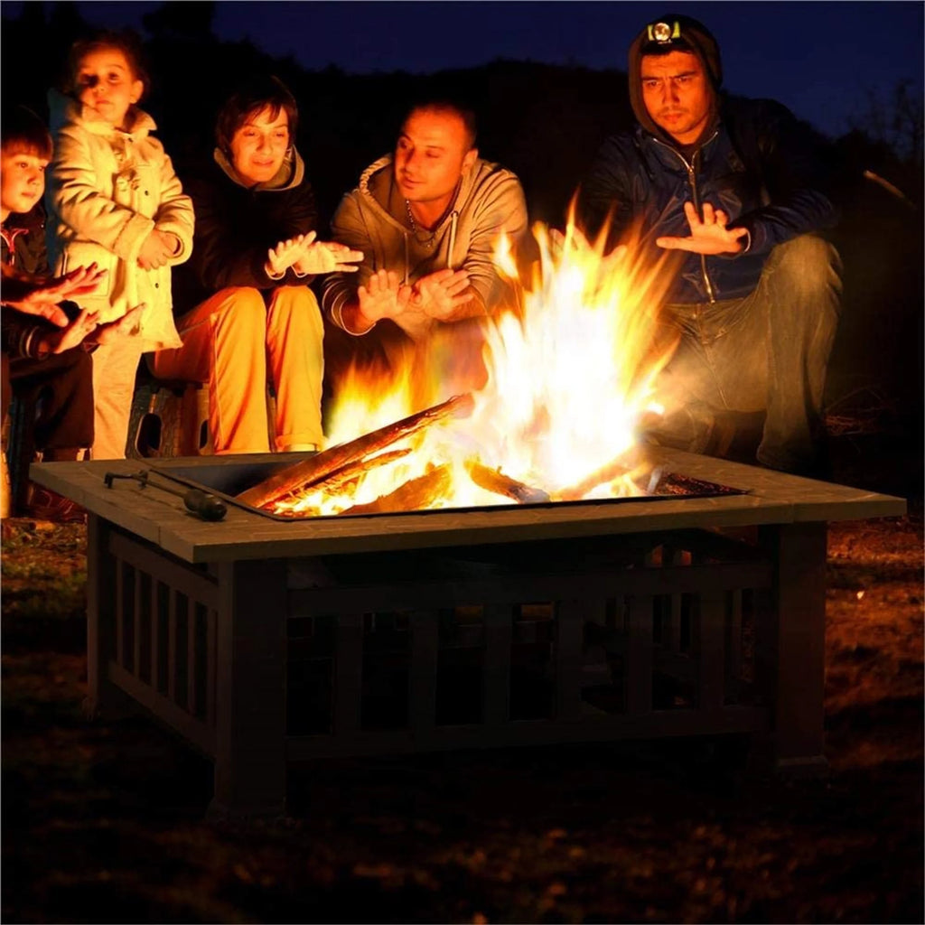 Fire Pits for Outside, UHOMEPRO 32" Square Iron Fire Pit Backyard Patio Garden Stove Wood Burning Fire Pit w/ BBQ Net, Waterprrof Cover, Mesh Screen Lid, Wood Grate, Poker, Durable Fire Pit