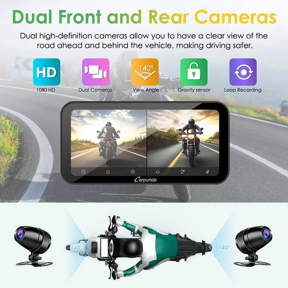 Carpuride W603D Wireless Portable Carplay A-Auto Waterproof IP67 Motorcycle Stereo HD Dual Cameras