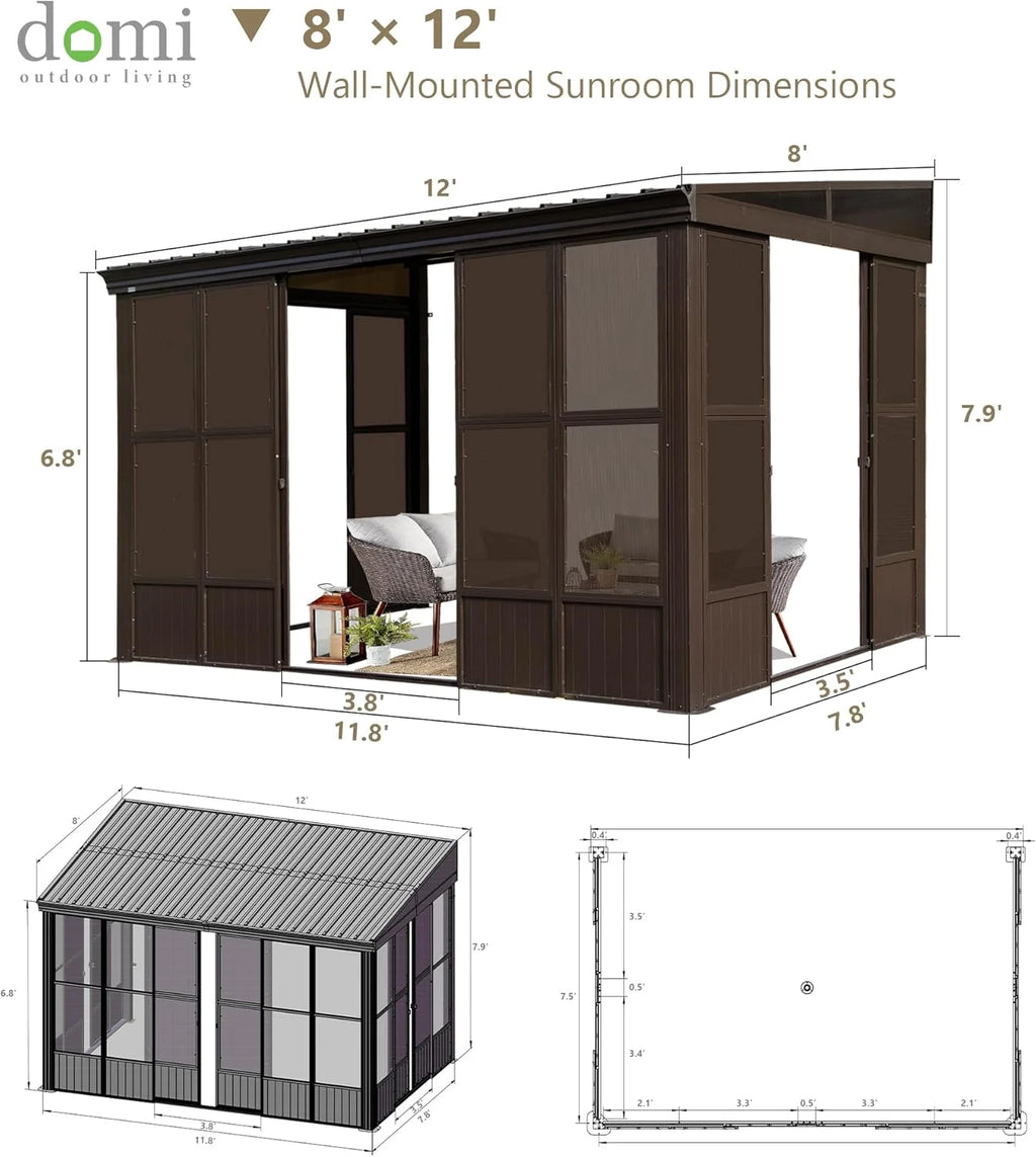 Domi Outdoor Living 8x12FT Wall-Mounted Sunroom Gazebo Solarium with Front Door, Side Entrances, Galvanized Steel Sloping Roof, Movable PC Screens, Permanent Lean-To Sunroom for Deck or Patio