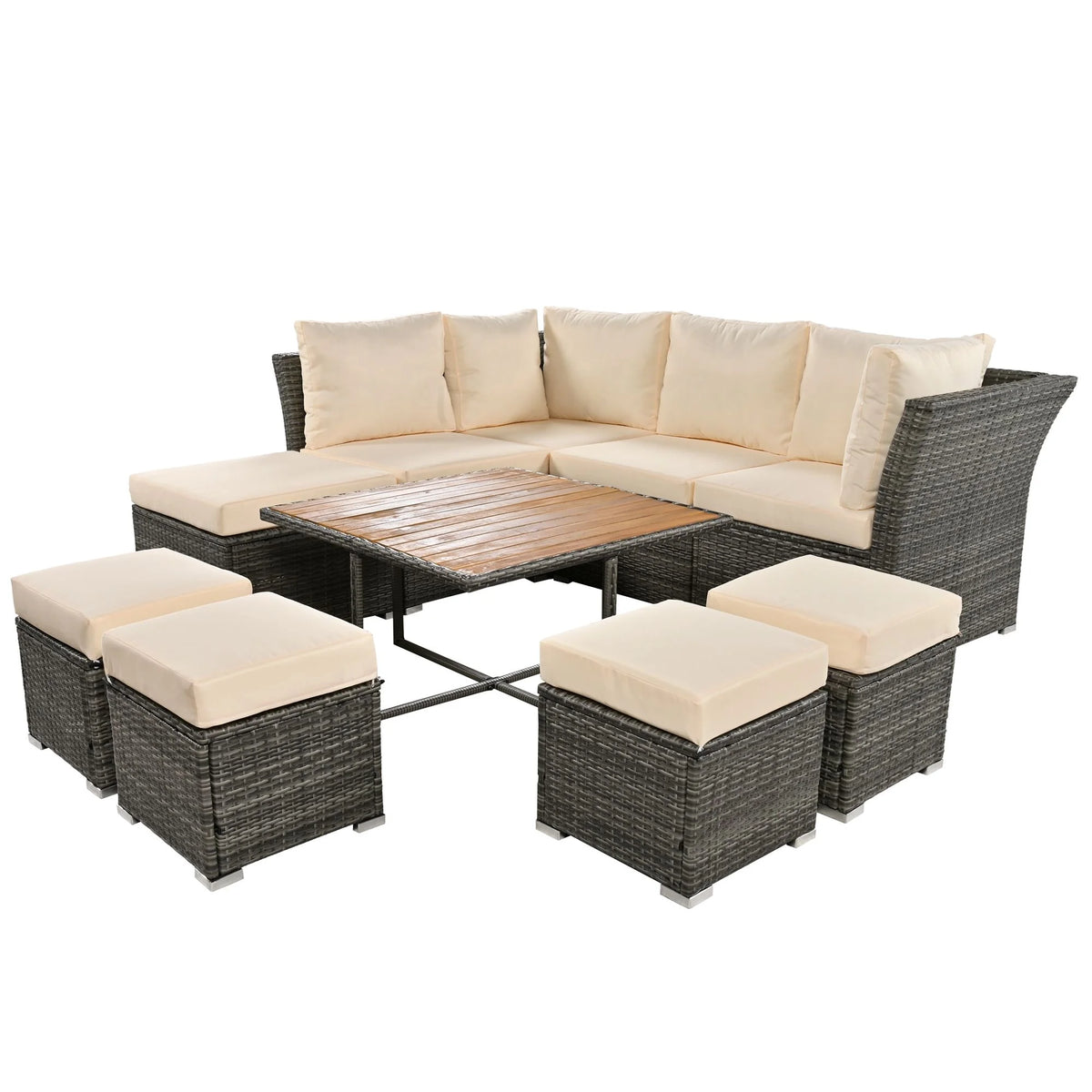 9 Pieces Outdoor Patio Furniture Set Outdoor Sectional Rattan Sofa Set Manual Wicker Patio Conversation Set with Ottomans, Solid Wood Coffee Table for Yard Deck Porch(Grey)