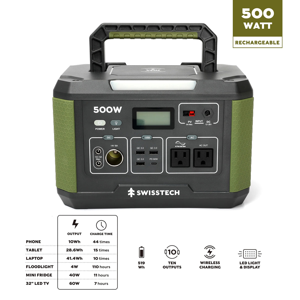 Swiss Tech 500W portable power station 519Wh solar compatible battery for outdoor & emergency use