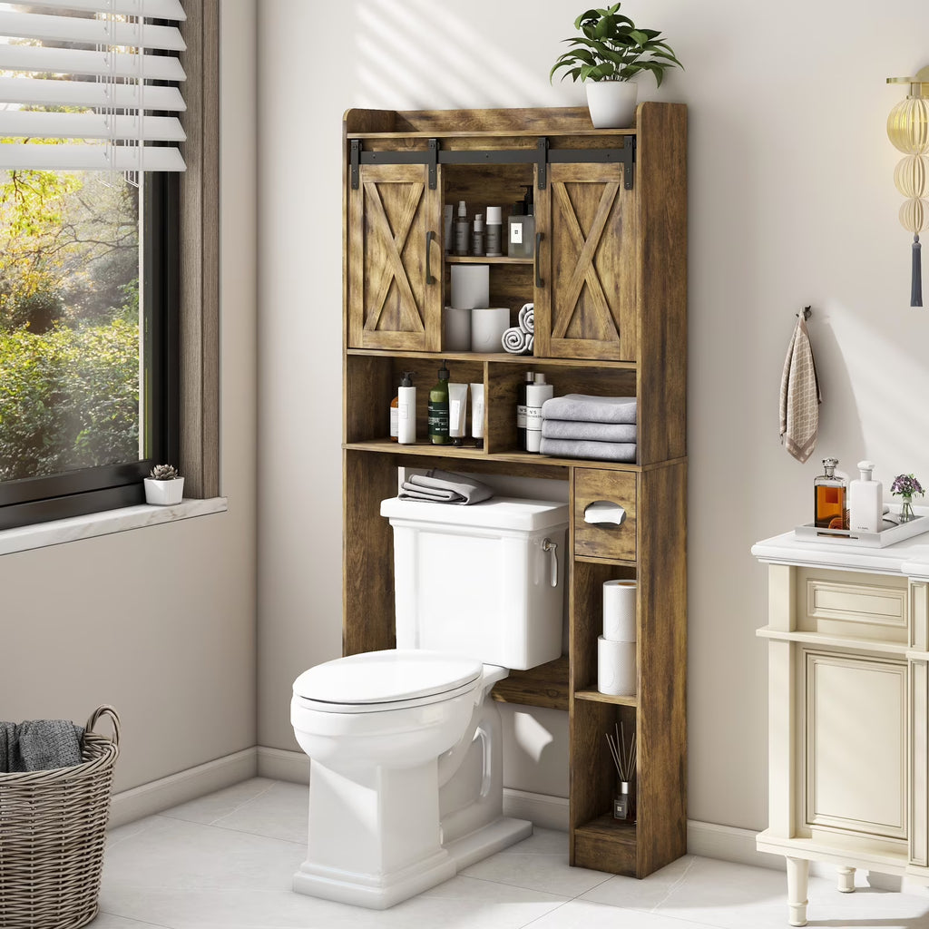 Over The Toilet Storage Cabinet, Farmhouse Storage Cabinet Over Toilet with Sliding Doors Home Space-Saving Toilet Rack, for Bathroom, Restroom, Laundry