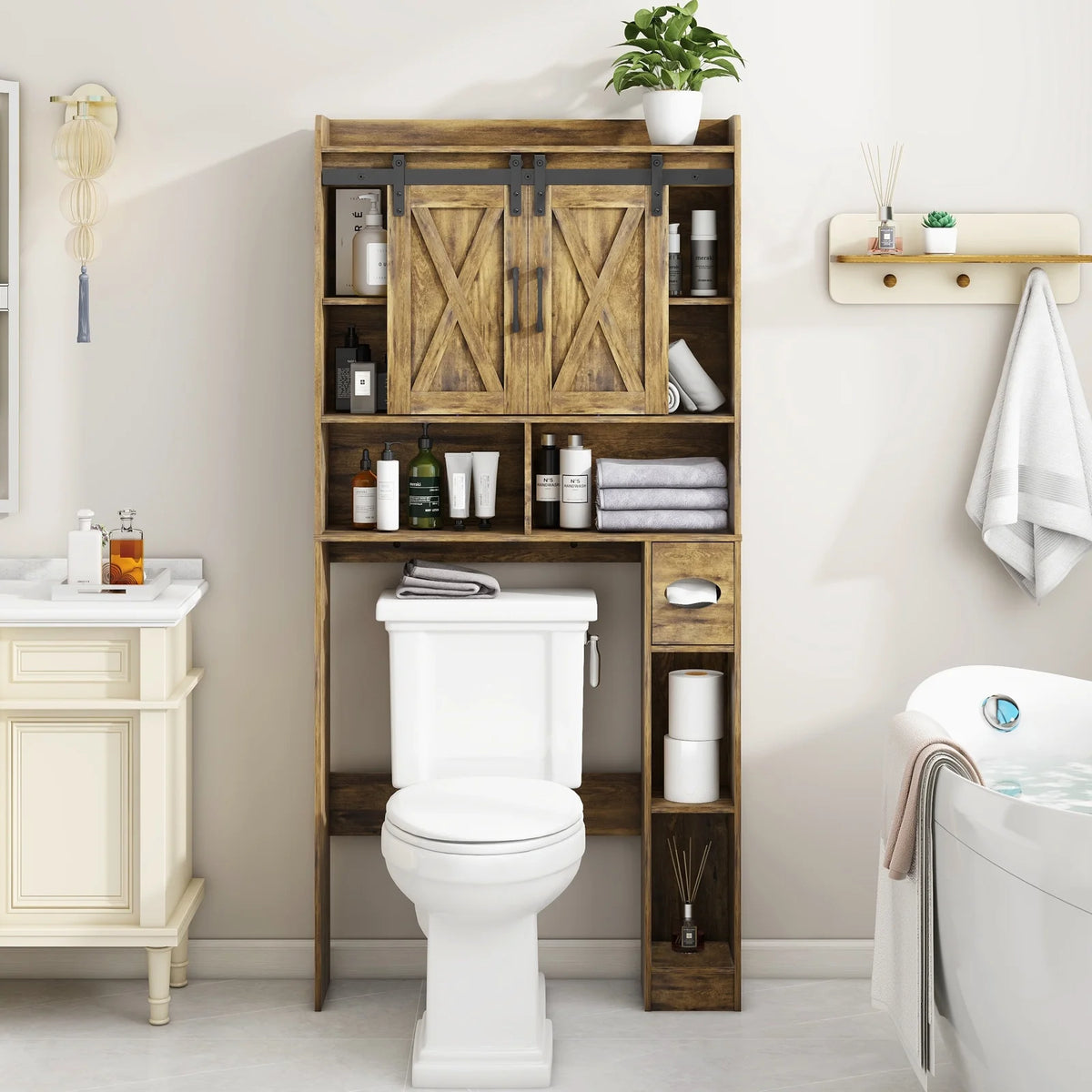 Over The Toilet Storage Cabinet, Farmhouse Storage Cabinet Over Toilet with Sliding Doors Home Space-Saving Toilet Rack, for Bathroom, Restroom, Laundry