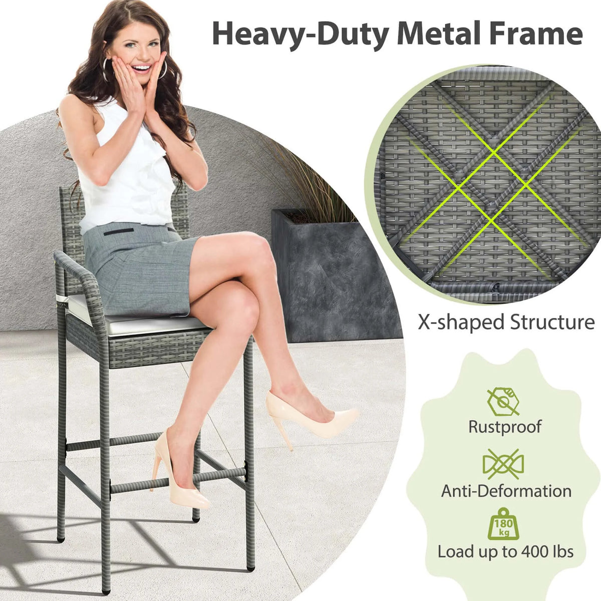Costway Patio Wicker Barstools Set of 2 with Armrests & Soft Cushions Stable Metal Frame