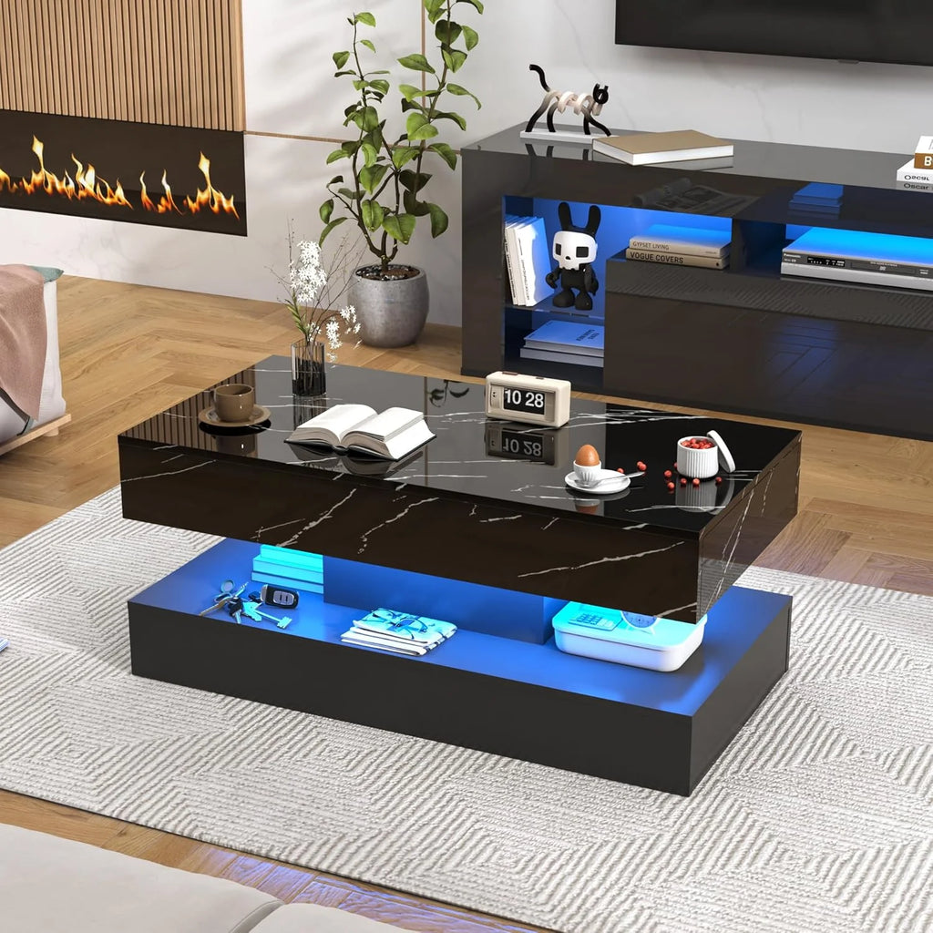 ChVans Large Black LED Coffee Table with 2 Storage Drawers, Modern High Gloss Coffee Table w/20 Colors LED Lights/APP Control, 2 Tiers Rectangle Large Living Room Furniture w/Marbling Print(47.3")