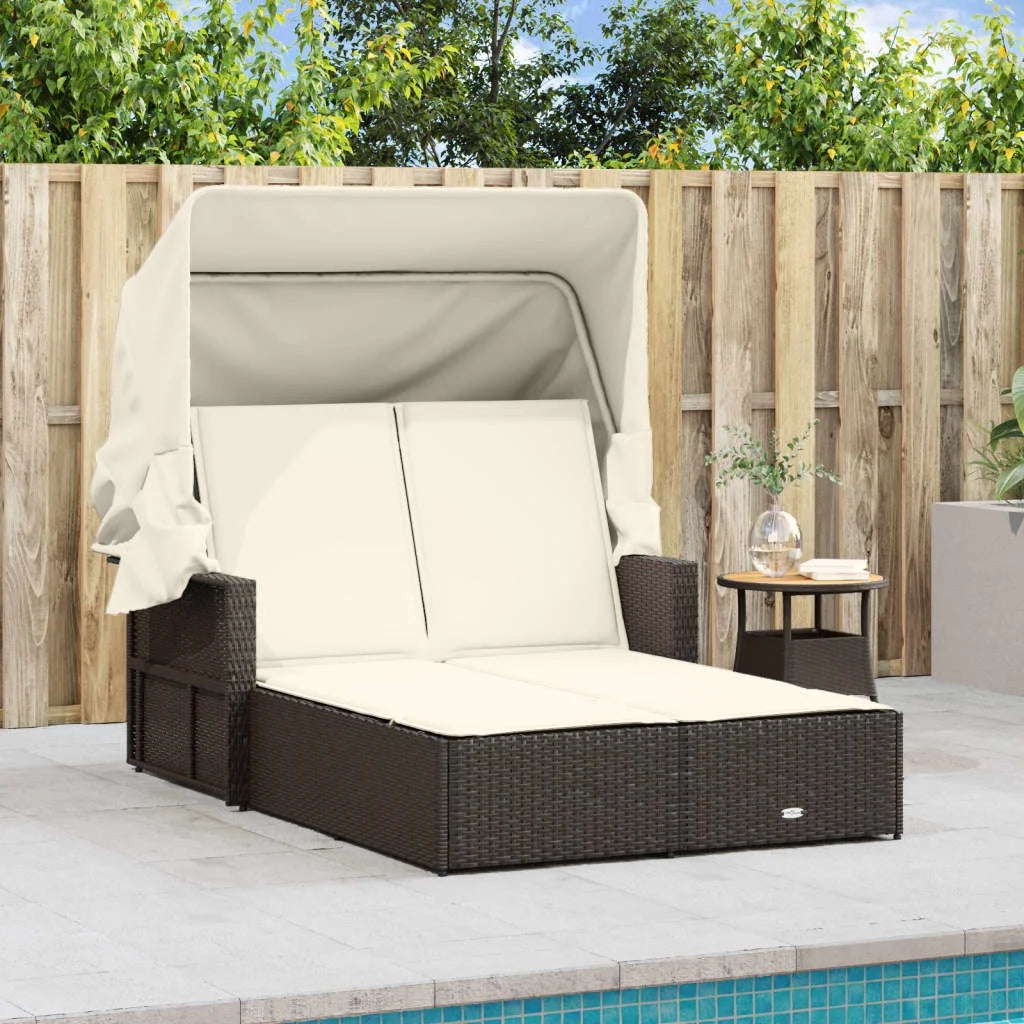 vidaXL Powder Coated Steel Removable Canopy and Cushions Double Sun Lounger, Beige