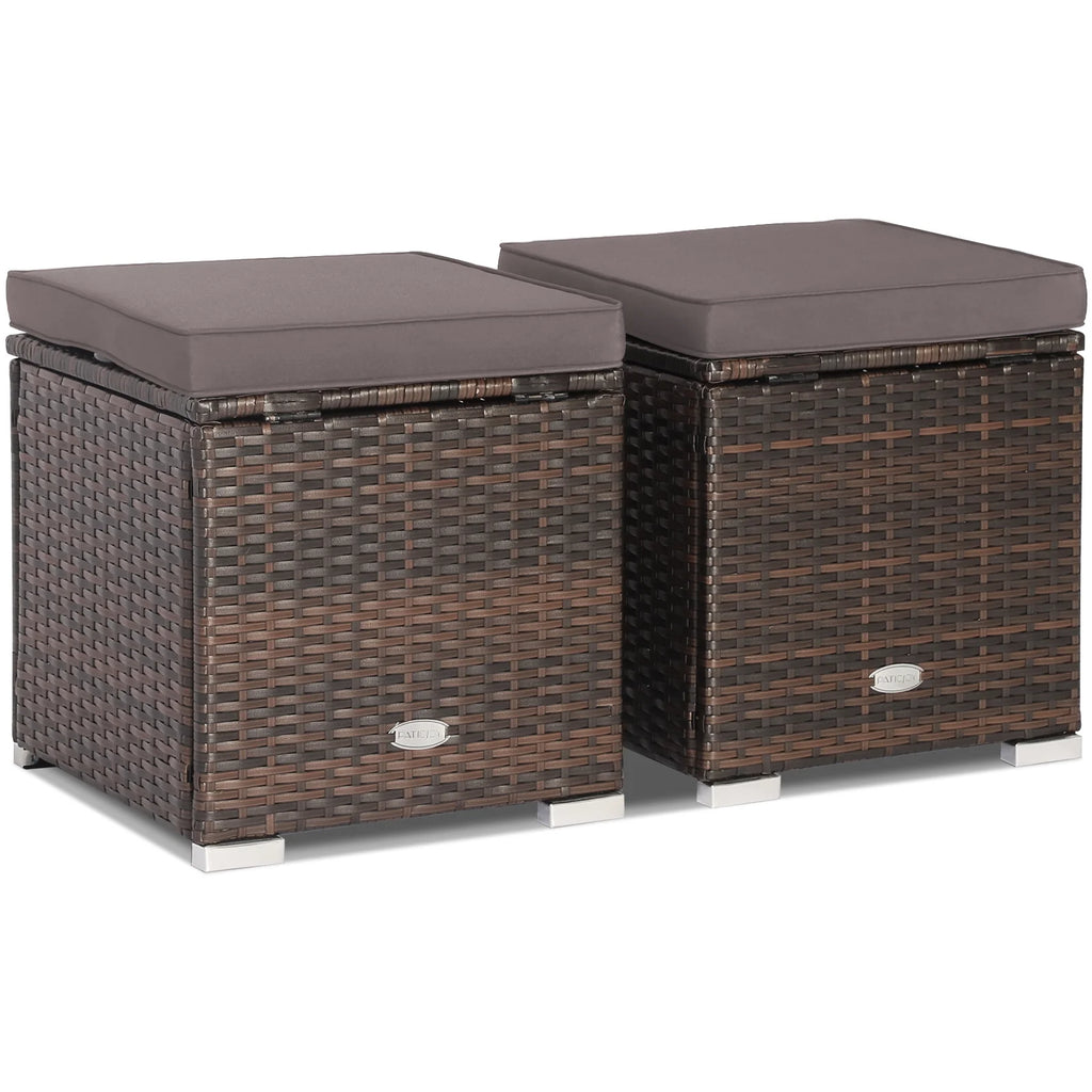 Costway 2PC Patio Rattan Ottoman Seat Side Table Storage Box Footrest Off White