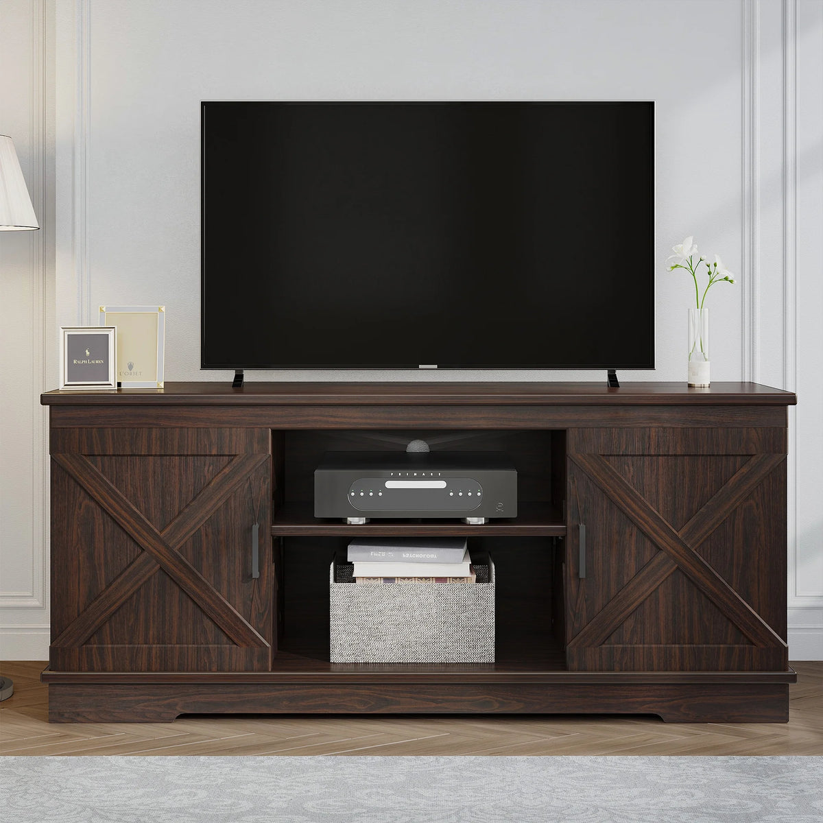 Dextrus Farmhouse TV Stand for 65 inch TV, Entertainment Center for Living Room, TV Media Console Cabinet, Grey Wash