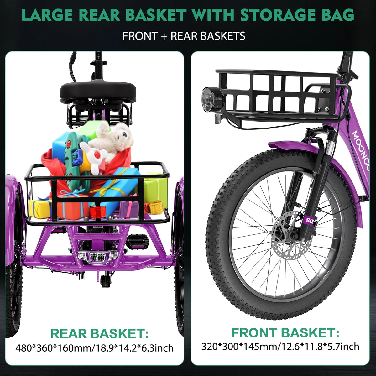 MOONCOOL TK1 Folding Electric Tricycle for Adults,48V 14.5Ah Removable battery, 500W Peak 1000w Motor, 20" Fat Tire Step-Thru 3Wheel Electric Bicycle w/Front&Rear Baskets, Certified to UL 2849 by SGS