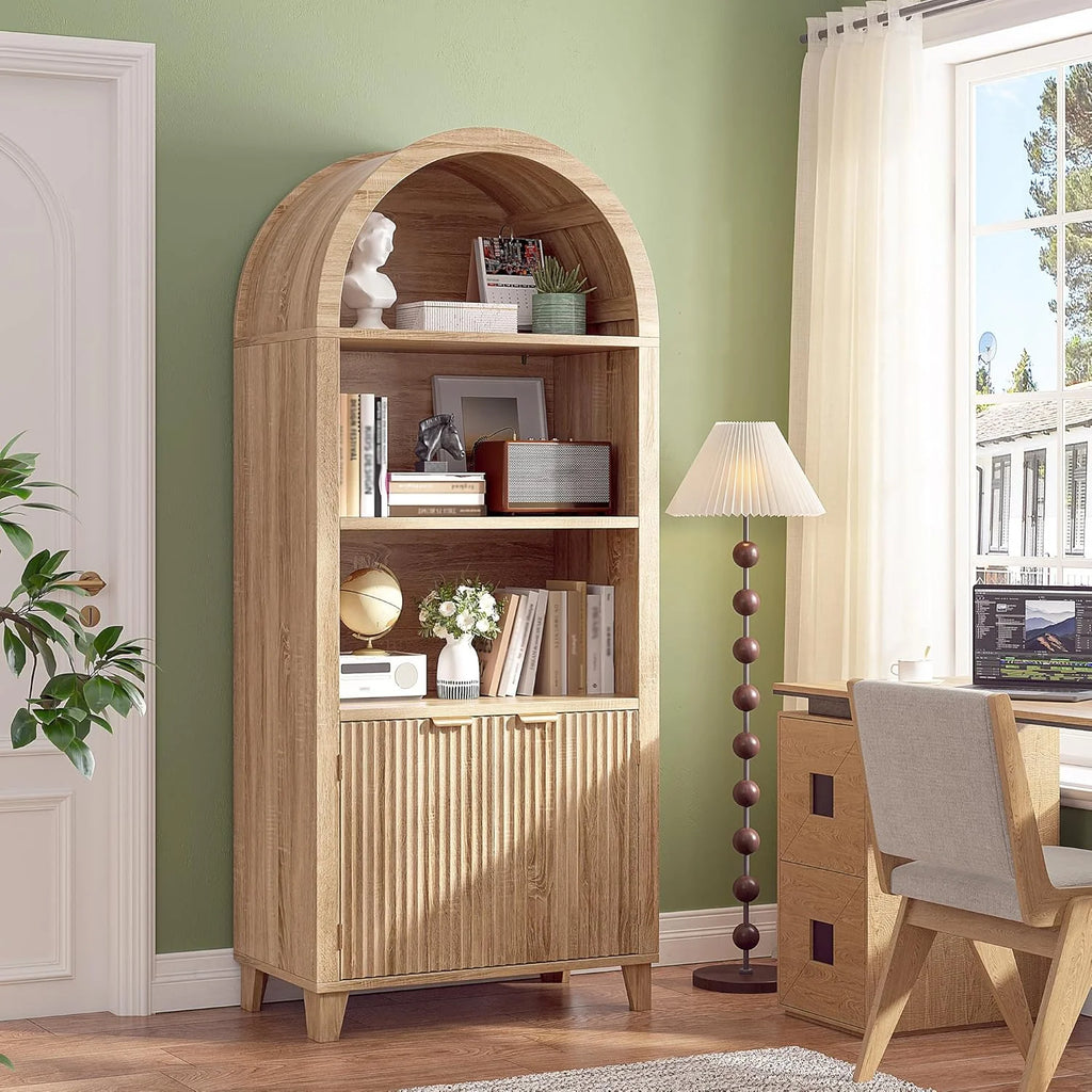 Bookshelf Arched Cabinet,5-Tier Arched Bookcase with Doors and Adjustable Shelves,Wooden Storage Cabinet with Open Display Shelf for Office,Living Room Light Oak