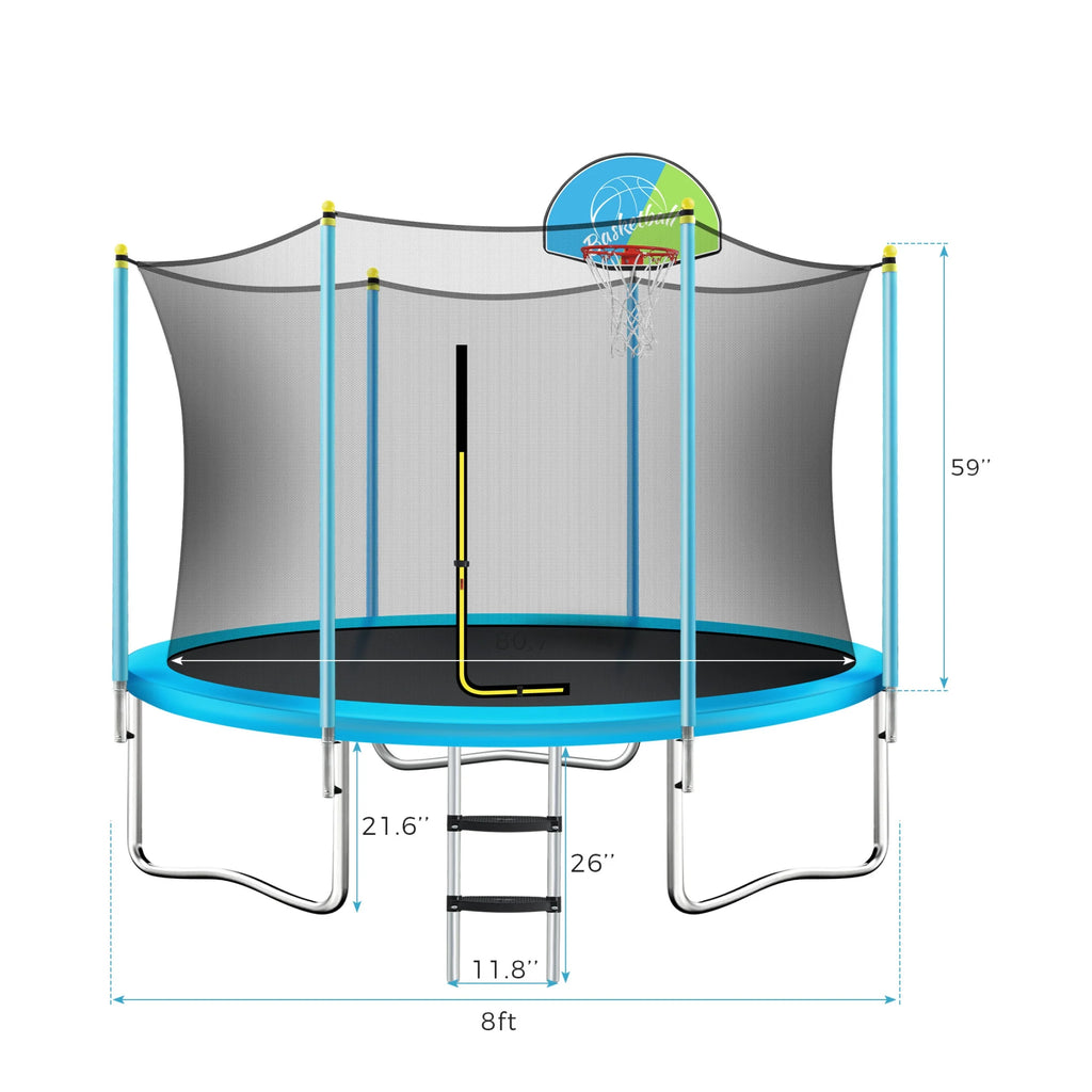 Noble House 8FT Outdoor Trampoline for Kids with Safety Enclosure Net, Basketball Hoop & Ladder, Blue