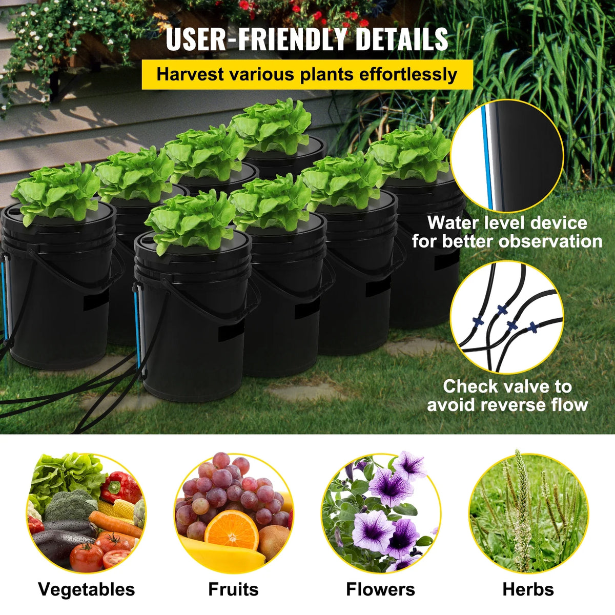 KFFKFF DWC Hydroponic System, 5 Gallon 8 Buckets, Deep Water Culture Growing Bucket, Hydroponics Grow Kit with Pump, Air Stone and Water Level Device, for Indoor/Outdoor Leafy Vegetables