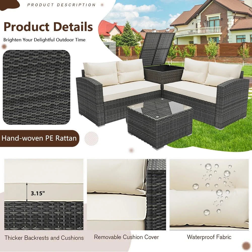 SEGMART 4 Piece Patio Furniture Set, All-Weather Outdoor Sectional Sofa Set, PE Rattan Conversation Set with Storage Box, Table & Cushions, Wicker Furniture Couch Set for Patio Deck Garden