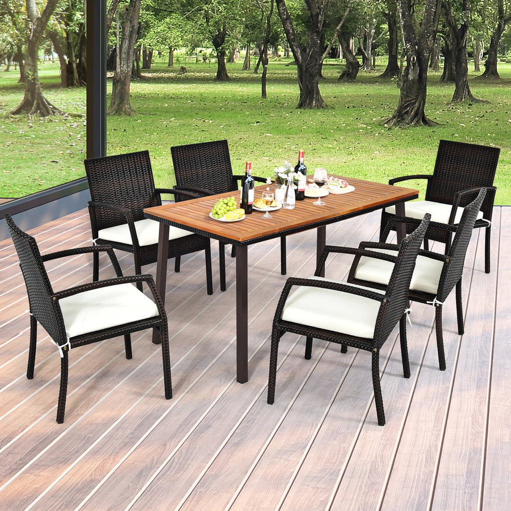 Gymax Rectangle Patio Outdoor Dining Table Acacia Wood Tabletop w/ 2'' Umbrella Hole