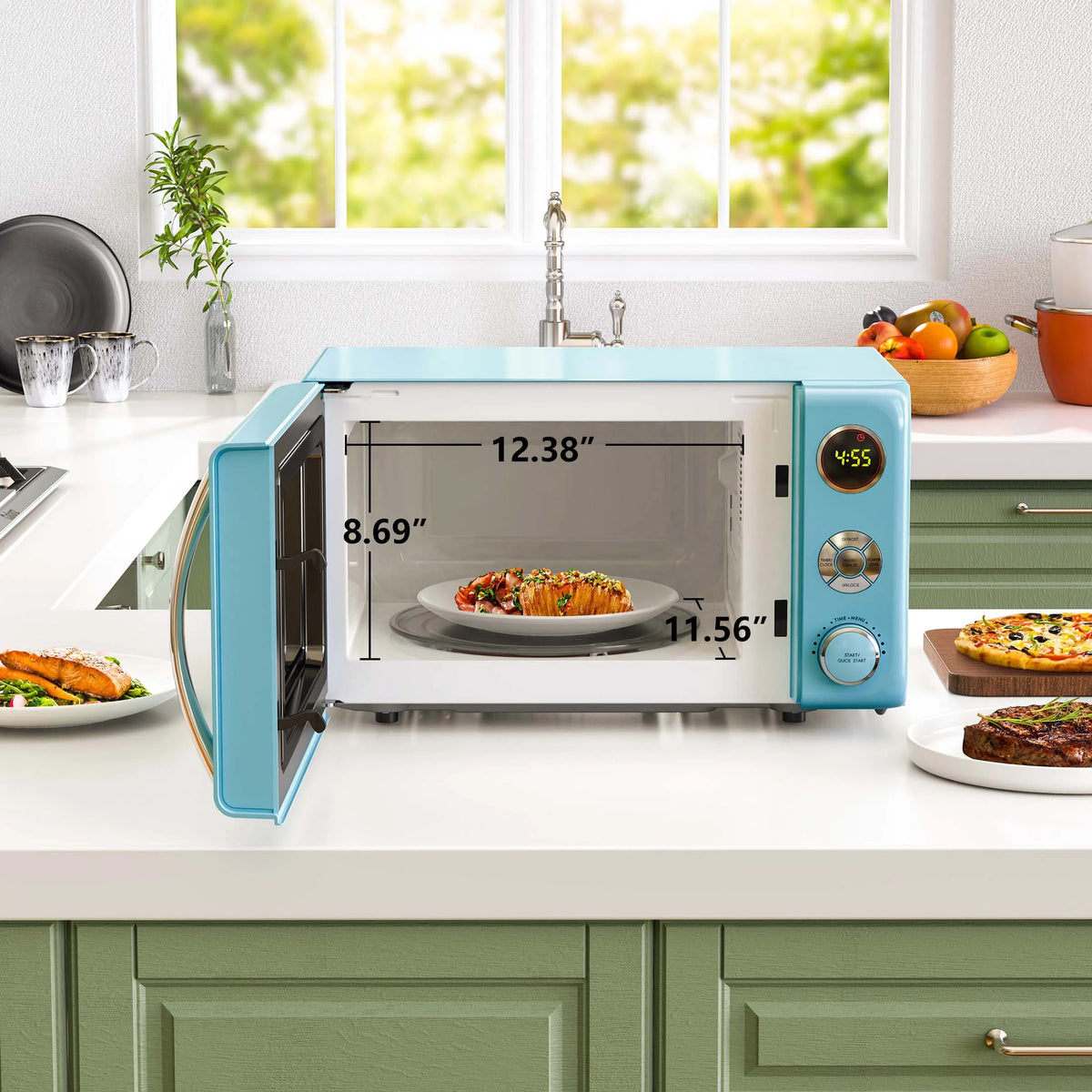 Galanz 0.7 Cu ft Retro Countertop Microwave Oven, 700 Watts, Blue, New