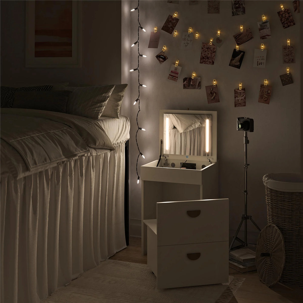 Ameriwood Home Compact 3-in-1 Vanity Set, Makeup Storage Desk & Stool, Mirror w/ LED lights & USB Charging Station, White