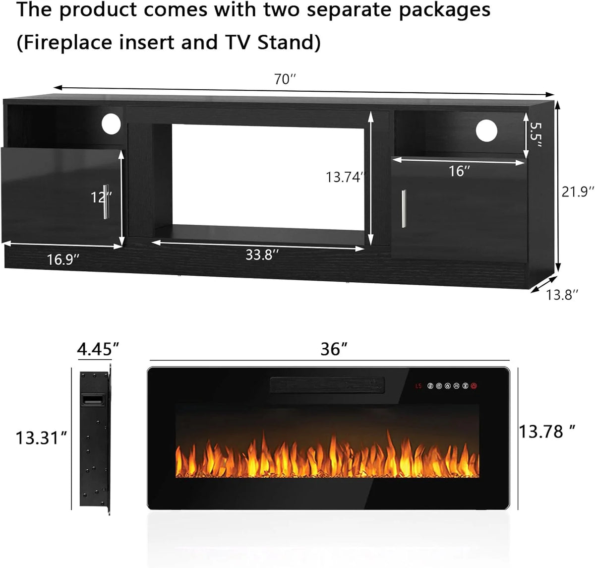 Waleaf Fireplace tv Stand with 36 inch Fireplace Up to 80" TVs,LED Light Entertainment Center and Storage