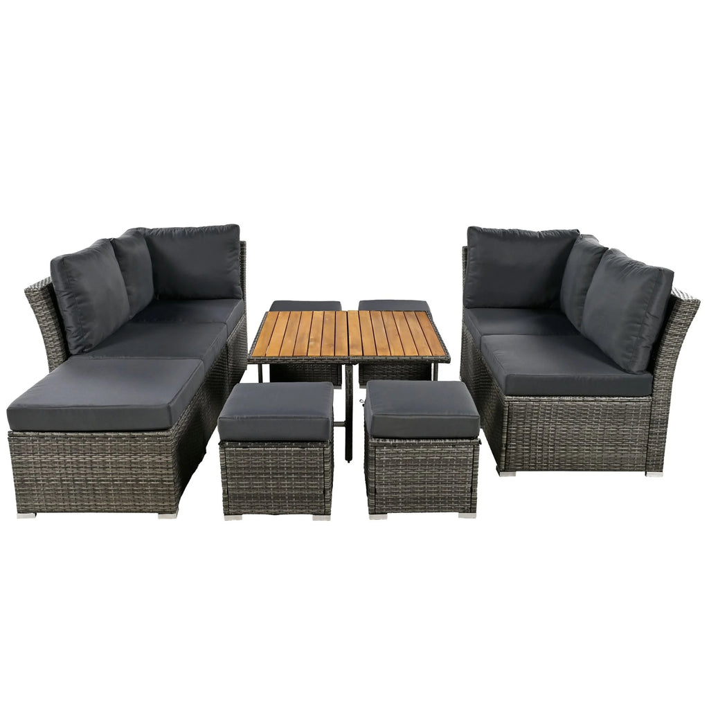 9 Pieces Outdoor Patio Furniture Set Outdoor Sectional Rattan Sofa Set Manual Wicker Patio Conversation Set with Ottomans, Solid Wood Coffee Table for Yard Deck Porch(Grey)
