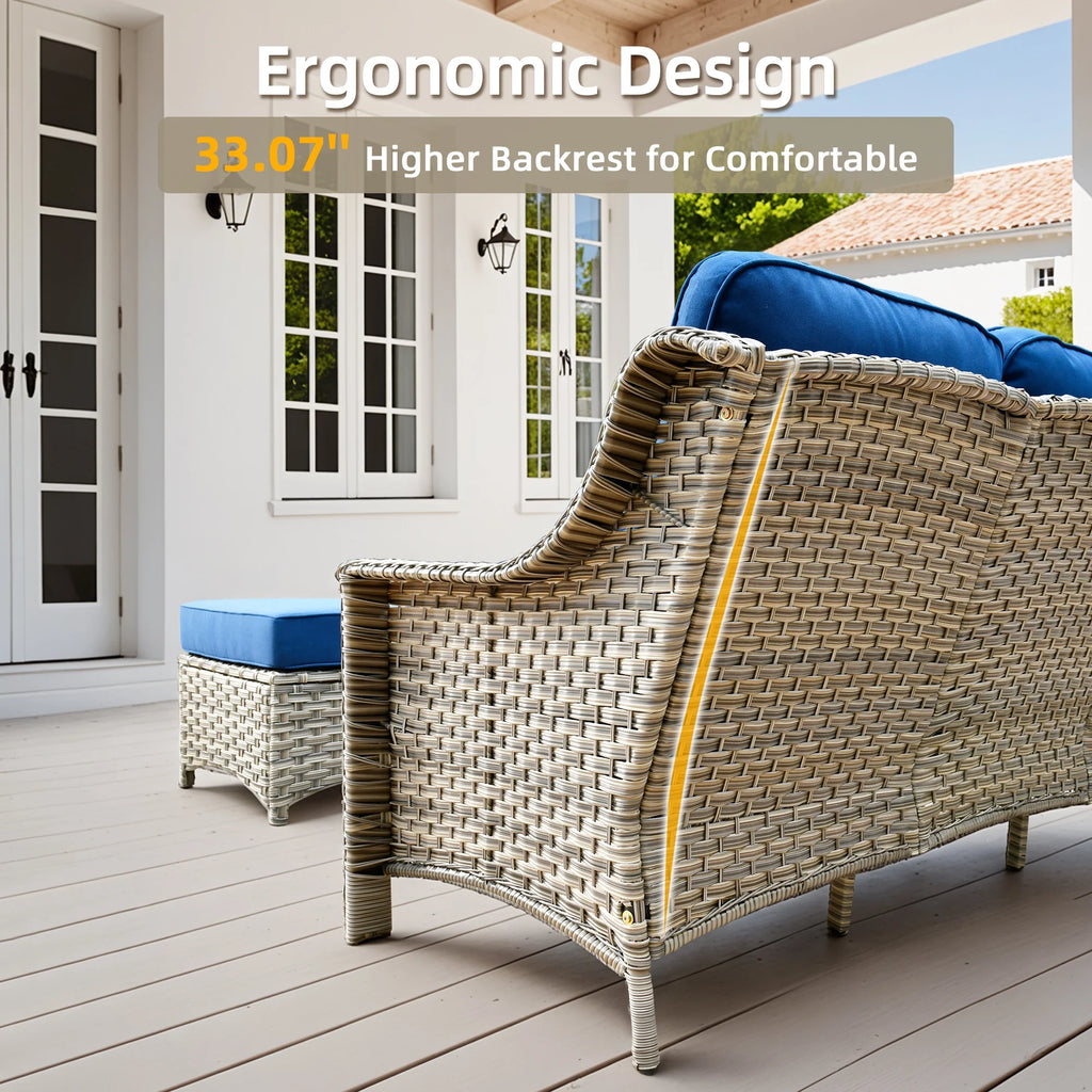 Ovios Outdoor Patio Sofa 3-Seater with Cushions All-Weather Wicker Rattan Couch for Garden, Porch, or Backyard