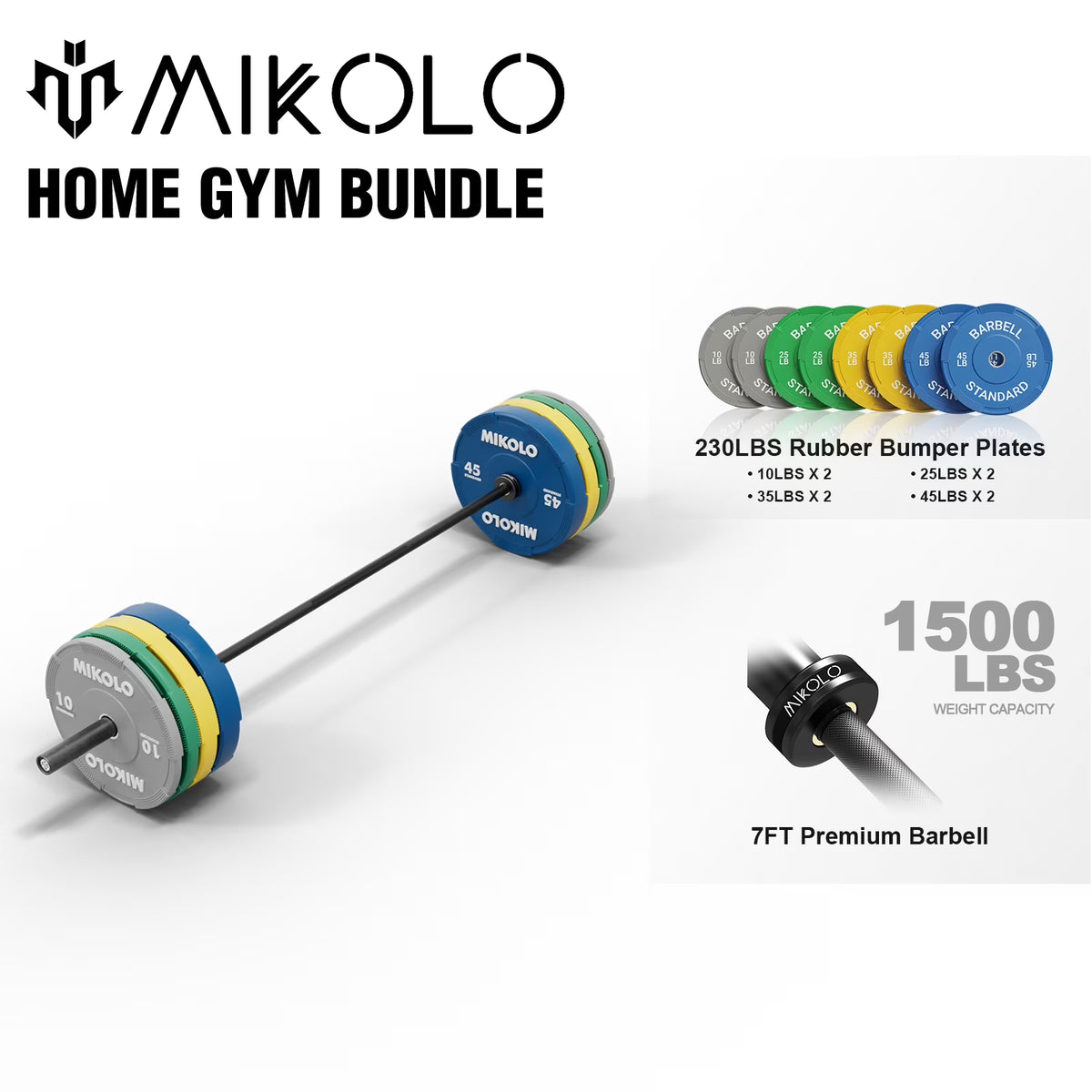 Mikolo 7ft Olympic Barbell, Barbell for Weightlifting and Powerlifting 45lb, Olympic Bar for 1500lbs Capacity, Weight Bar Fit 2 Standard Weights