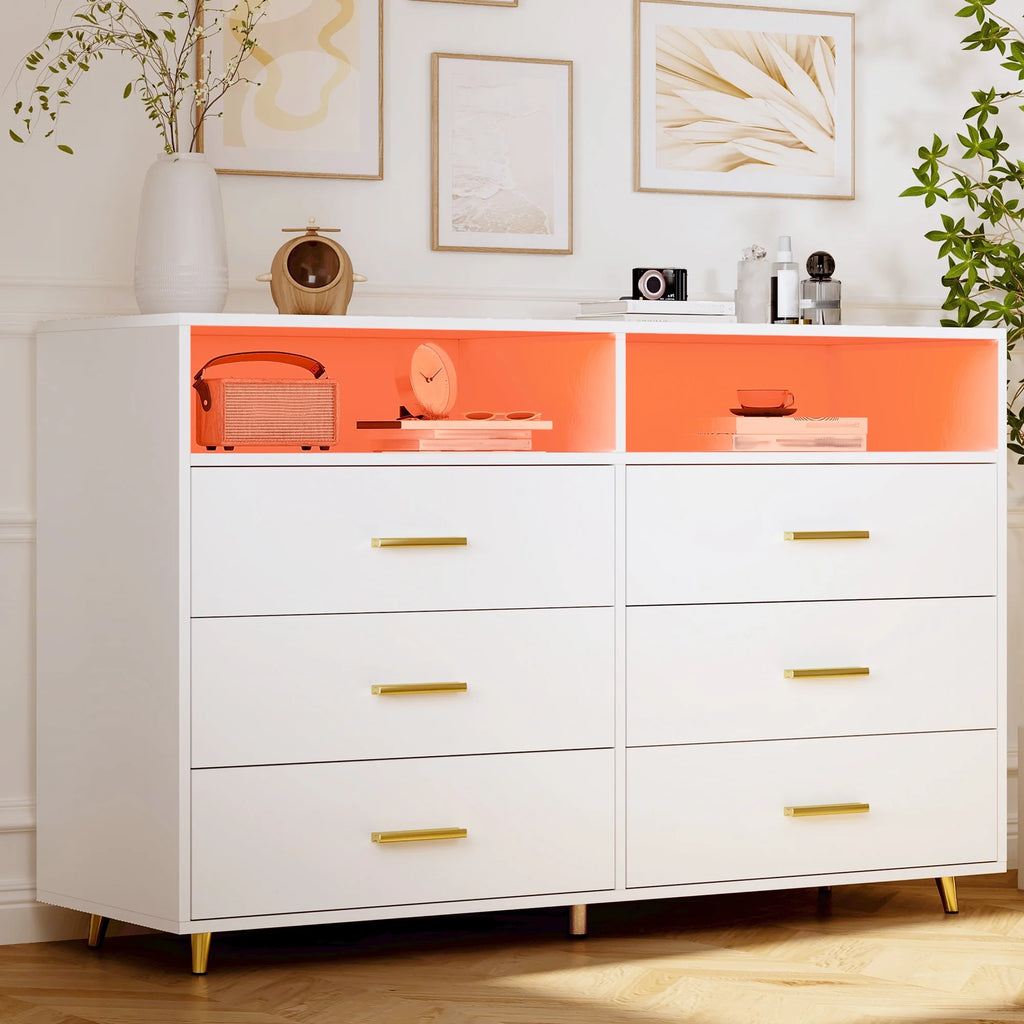 EnHomee Dresser with LED Lights Drawer Dresser with 6 Deep Drawers Wood Dresser for Bedroom TV Stand Dressers & Chests of Drawers Wide Led Dressers,Black