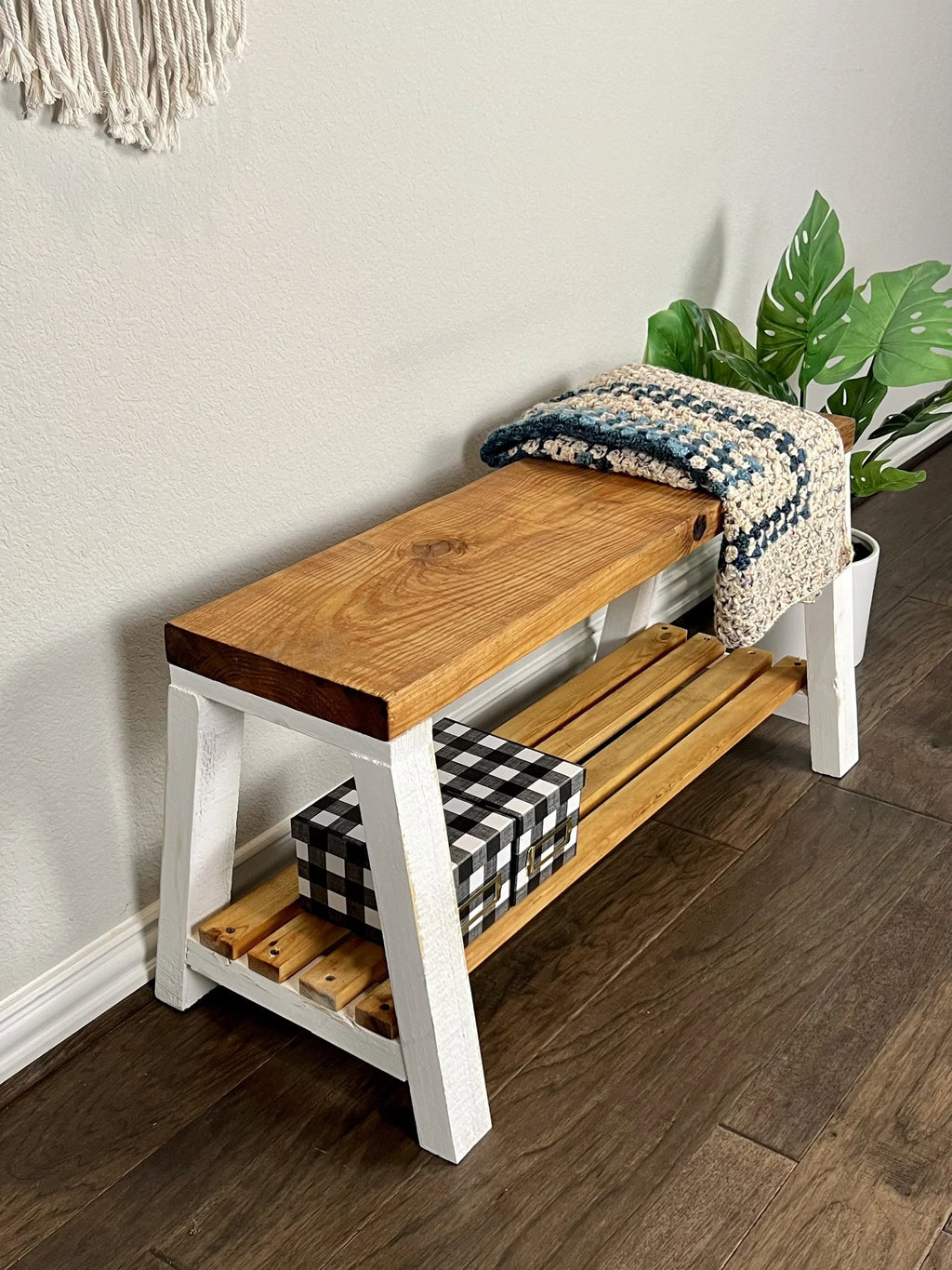 Farmhouse Pine Wood Storage Shelf Bench, Lt Brown White