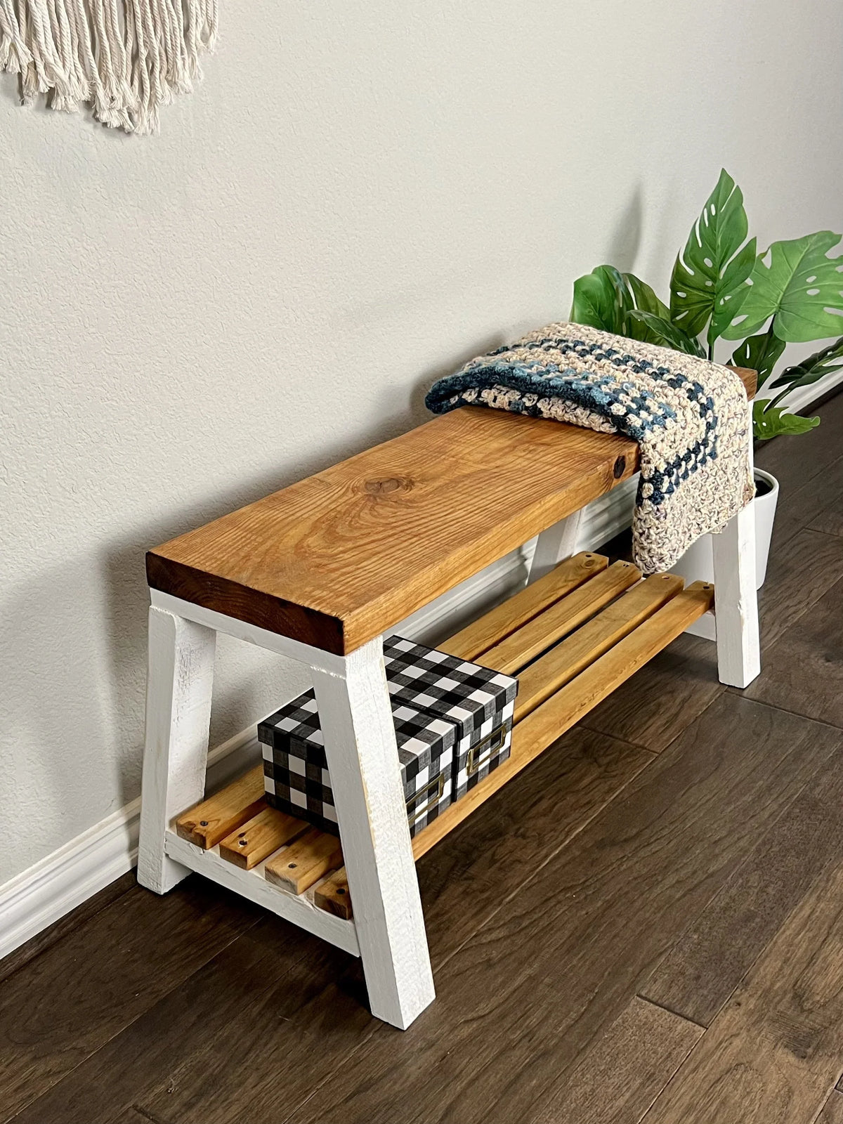 Farmhouse Pine Wood Storage Shelf Bench, Lt Brown White