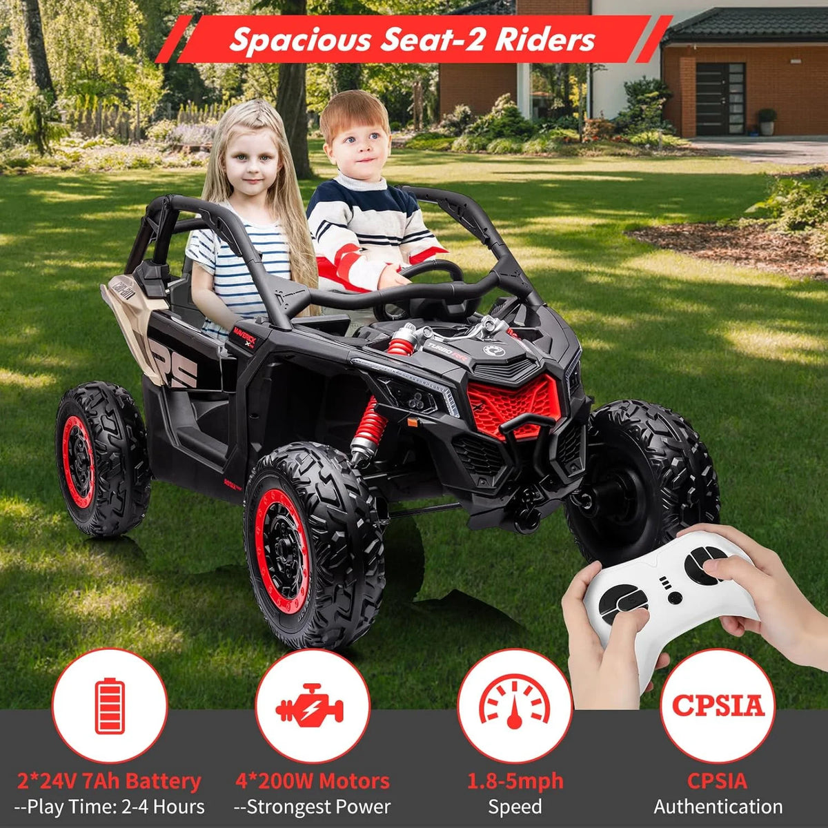 EastVita 2 Seats Ride on Ride on Car 200W Motors UTV,with Remote Control 23" Seats Width Electric Vehicle, EVA Wheels,Music,Head+Tail Light