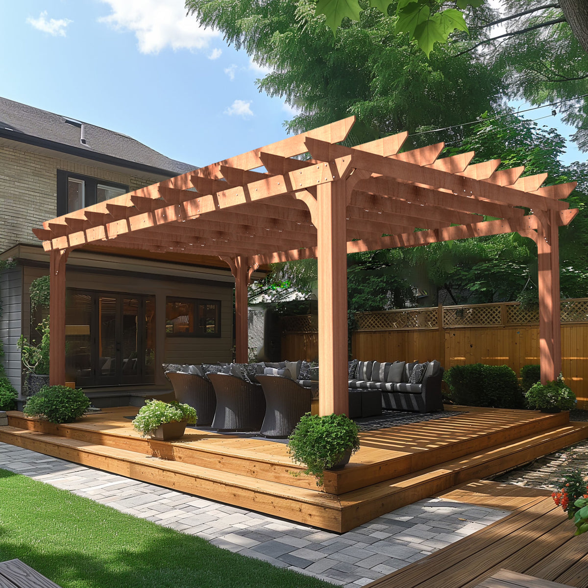 VEIKOUS 12'x10' Cedar Wood Pergola w/ Flat Roof and Ground Stakes for Outdoor Patio, Garden, Deck