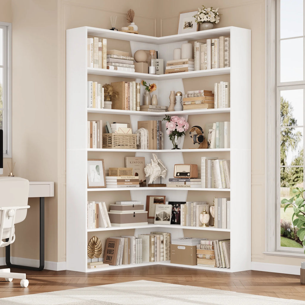 Homfa 6-Tier Corner Bookcase, L-Shaped Bookshelf with Baffle, Storage Display Rack for Office Living Room, Gray