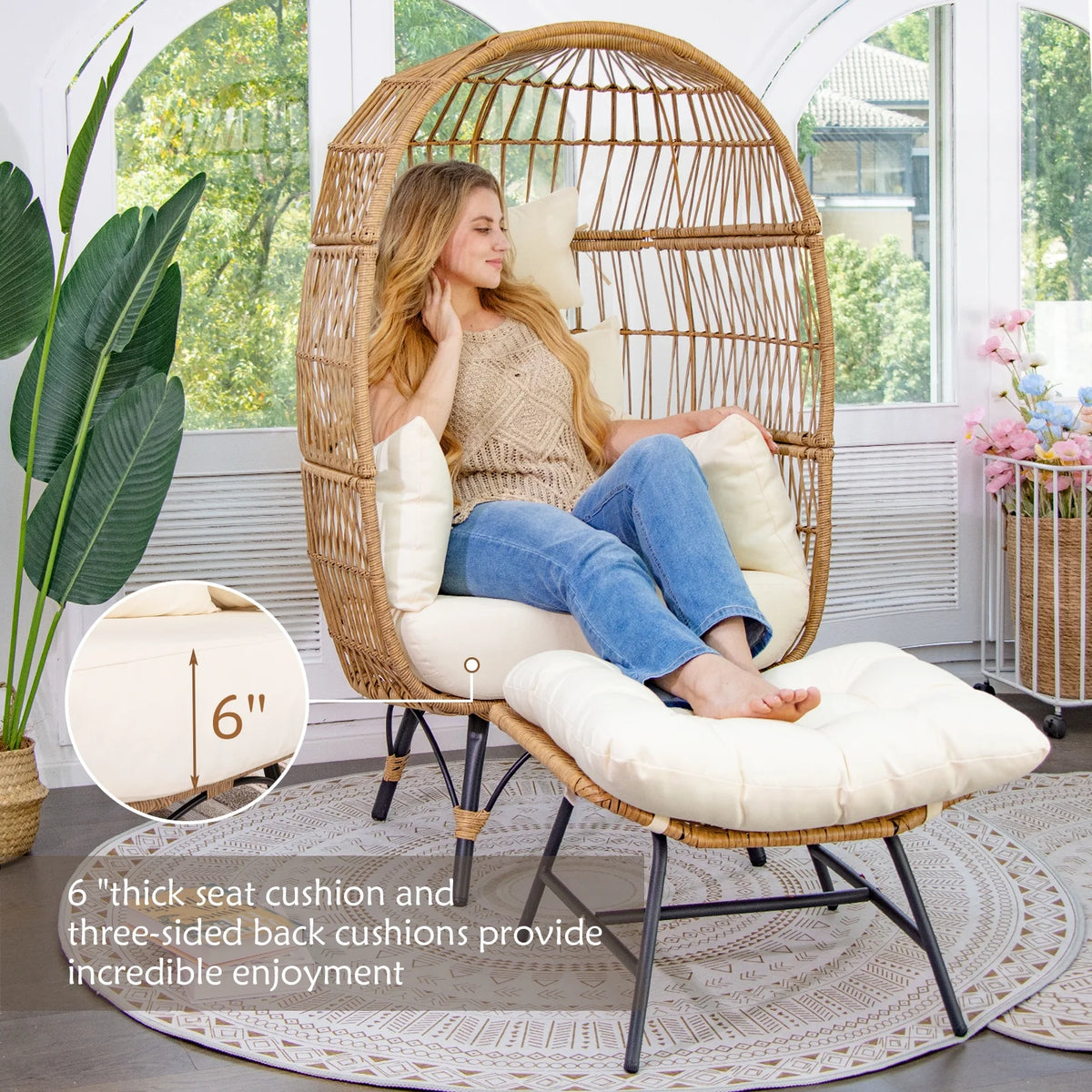 RADIATA 6-Piece Boho Patio Furniture Set, Outdoor Wicker Sectional Sofa Conversation Set with Ice Bucket & Coffee Table, 500lbs Capacity, Beige