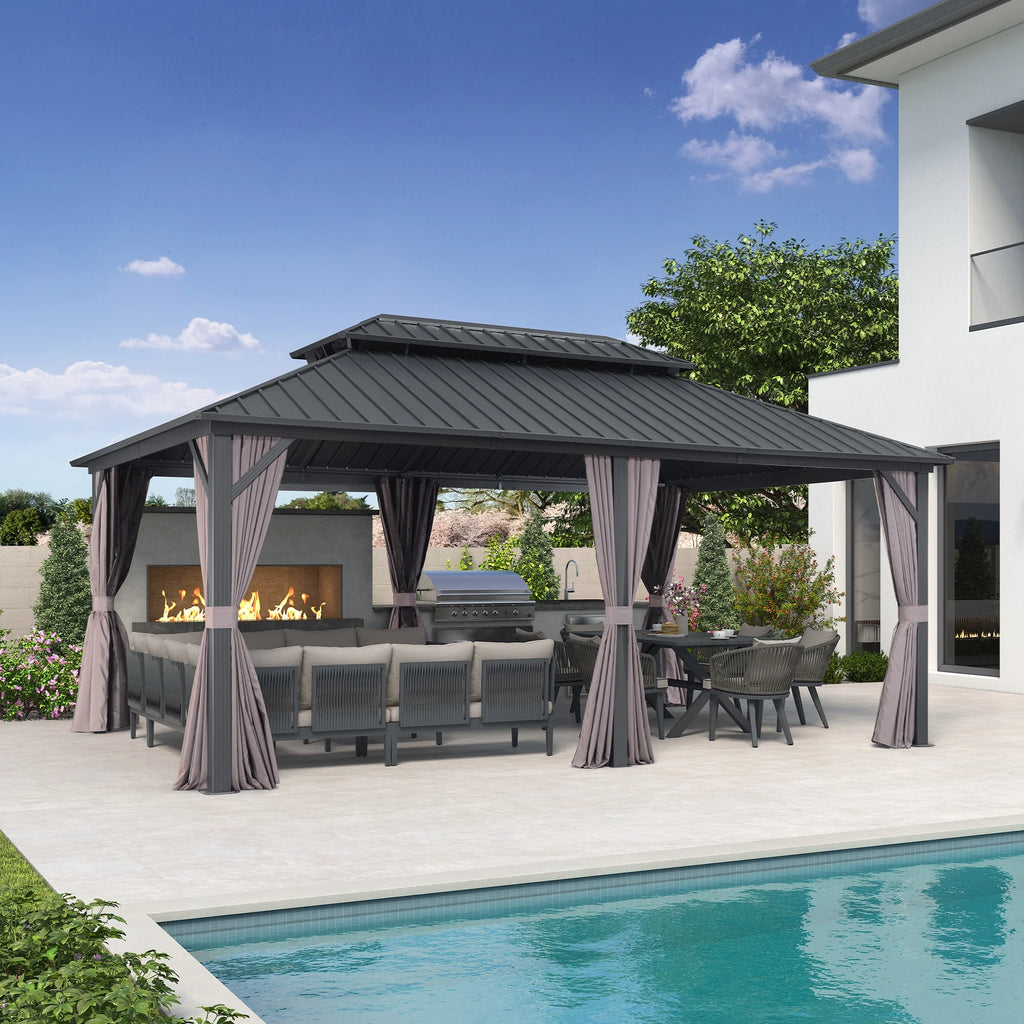 PURPLE LEAF 8' X 8' Gazebo Outdoor Gazebo Permanent Hardtop Gazebo with Galvanized Steel Double Roof for Patio Backyard Deck Aluminum Gazebo with Netting and Curtains Grey