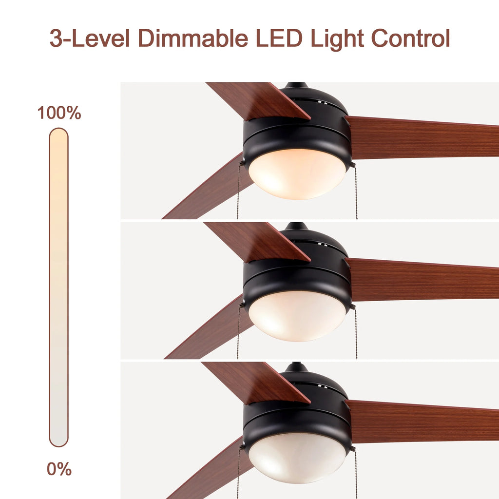 Simpol 52" Prominent Indoor Ceiling Fan with LED Light, Pull Chain and Remote Control, Reversible AC Motor, Walnut/Silver Reversible Blades and Satin Nickel Finish