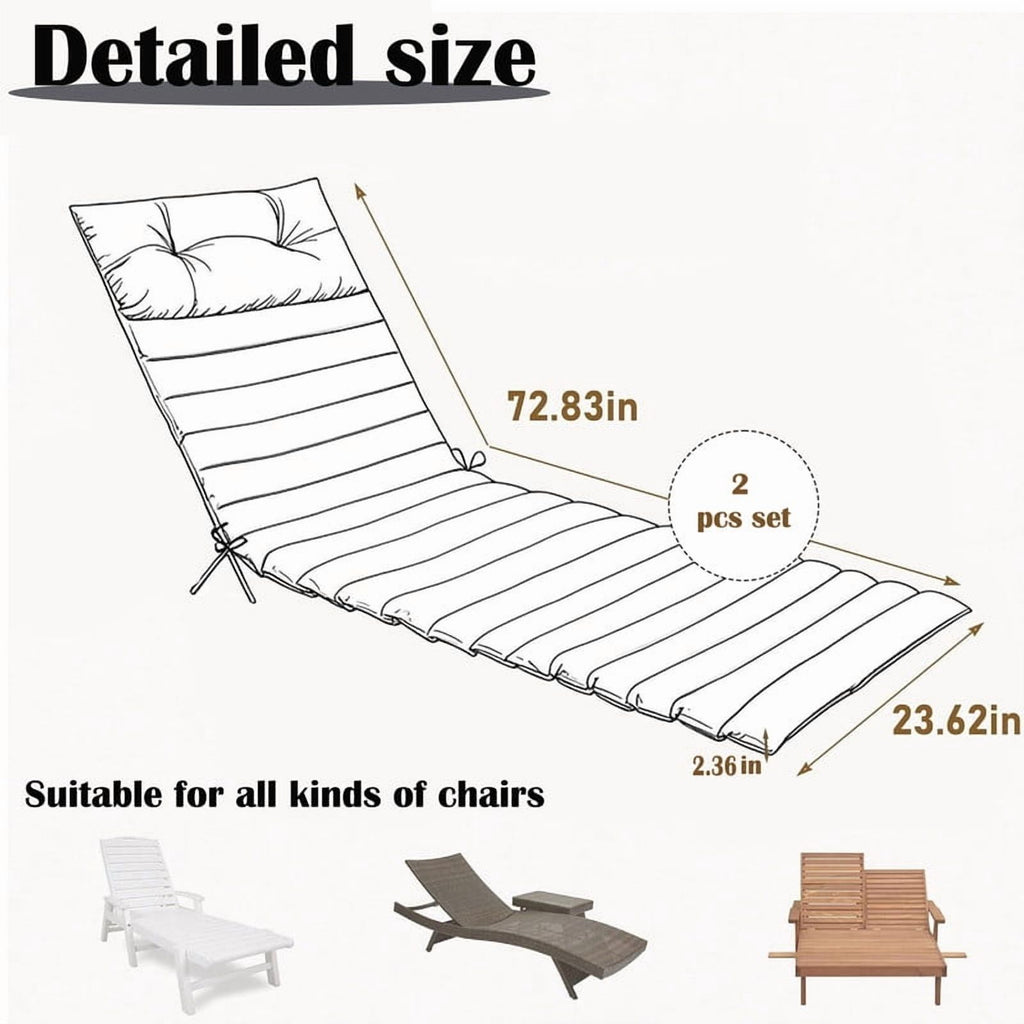 2pcs Outdoor Chaise Lounge Cushions, Waterproof Patio Foldable Chair Cushion for Garden Pool, 73 x 24in Sun Lounger Cushions for Outdoor Furniture Navy blue