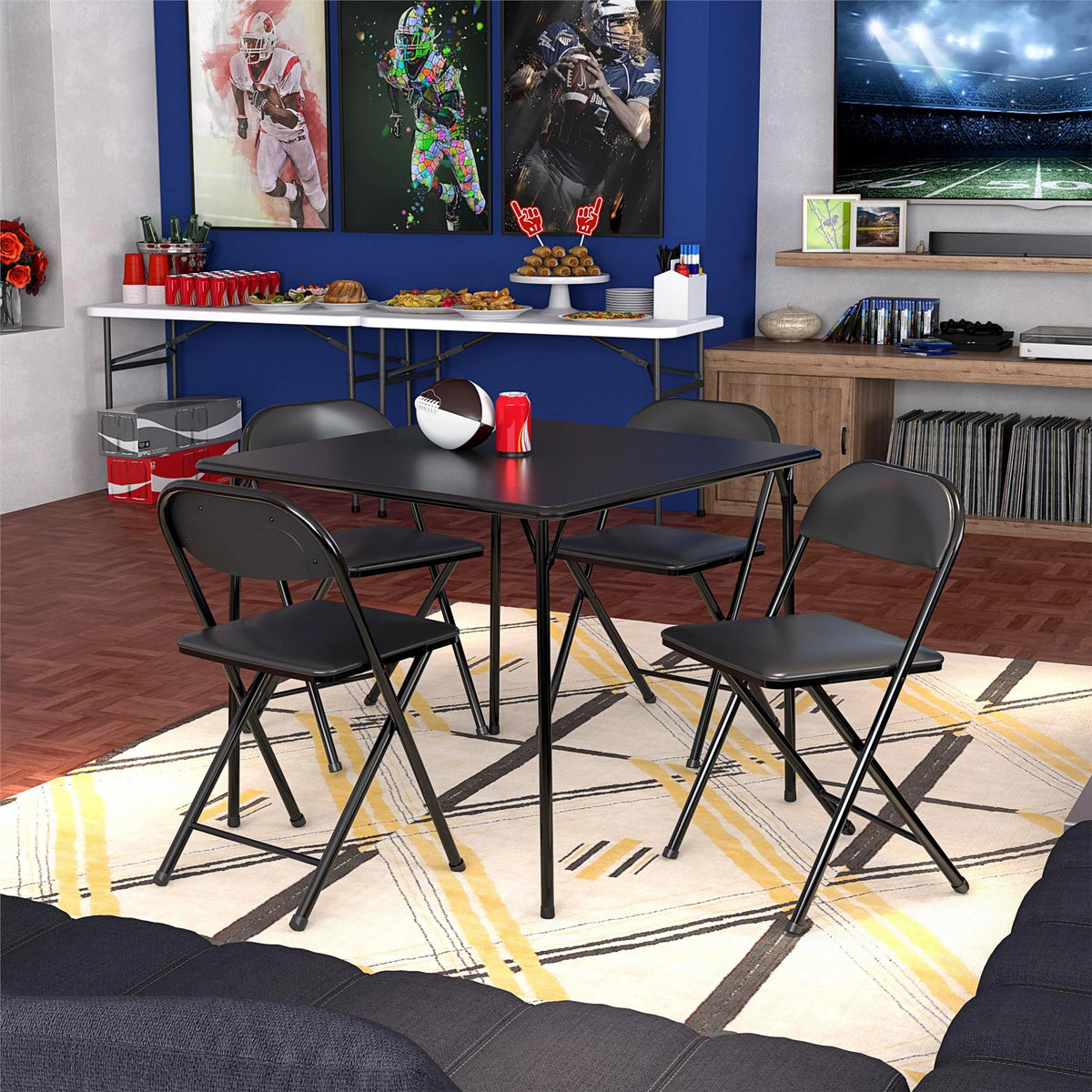 COSCO 5-Piece Folding Set with Card Table and 4 Vinyl Padded Chairs, Black