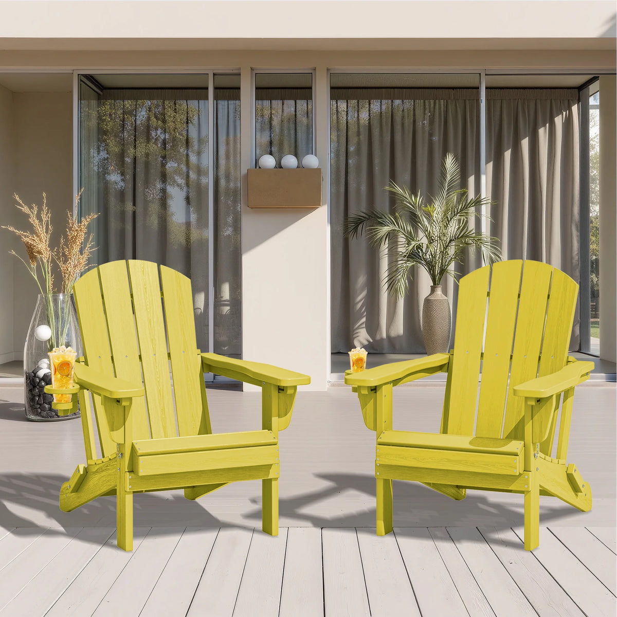 SERWALL Outdoor Adjustable Folding HDPE Adirondack Chairs Set of 2 with Cup Holder, Gray
