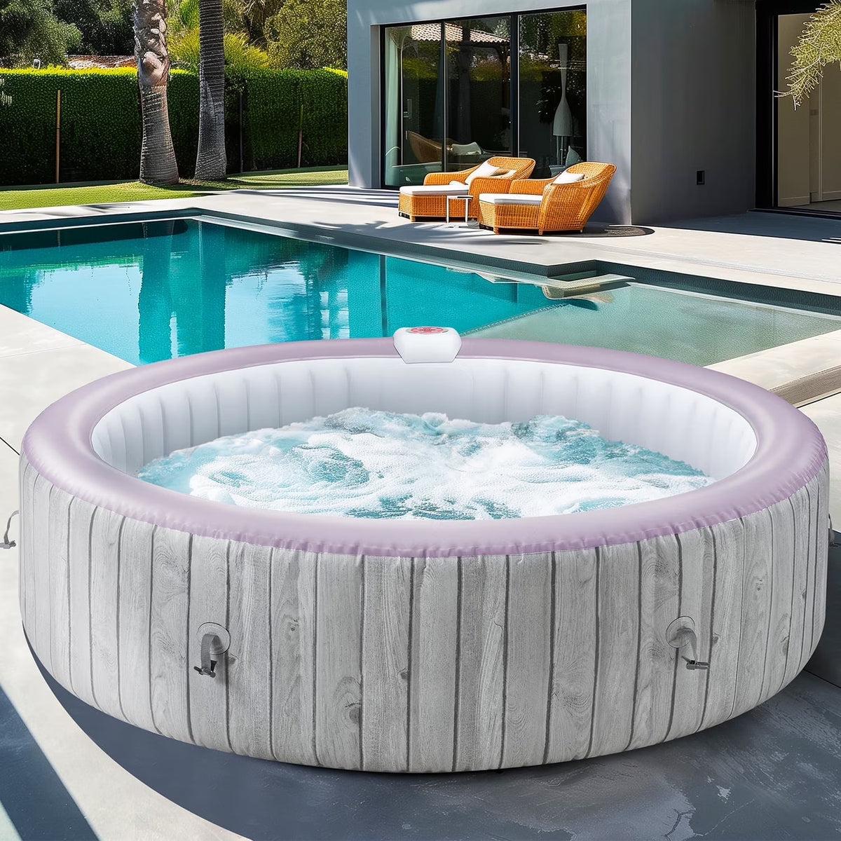 82'' Inflatable Hot Tub, Portable Hot Tub for Home Spa, Outdoor Round Hot Tub W/130pcs Jets, 6 Person Inflatable Pool with Heating, 4 Filters, 2 Cup Holders