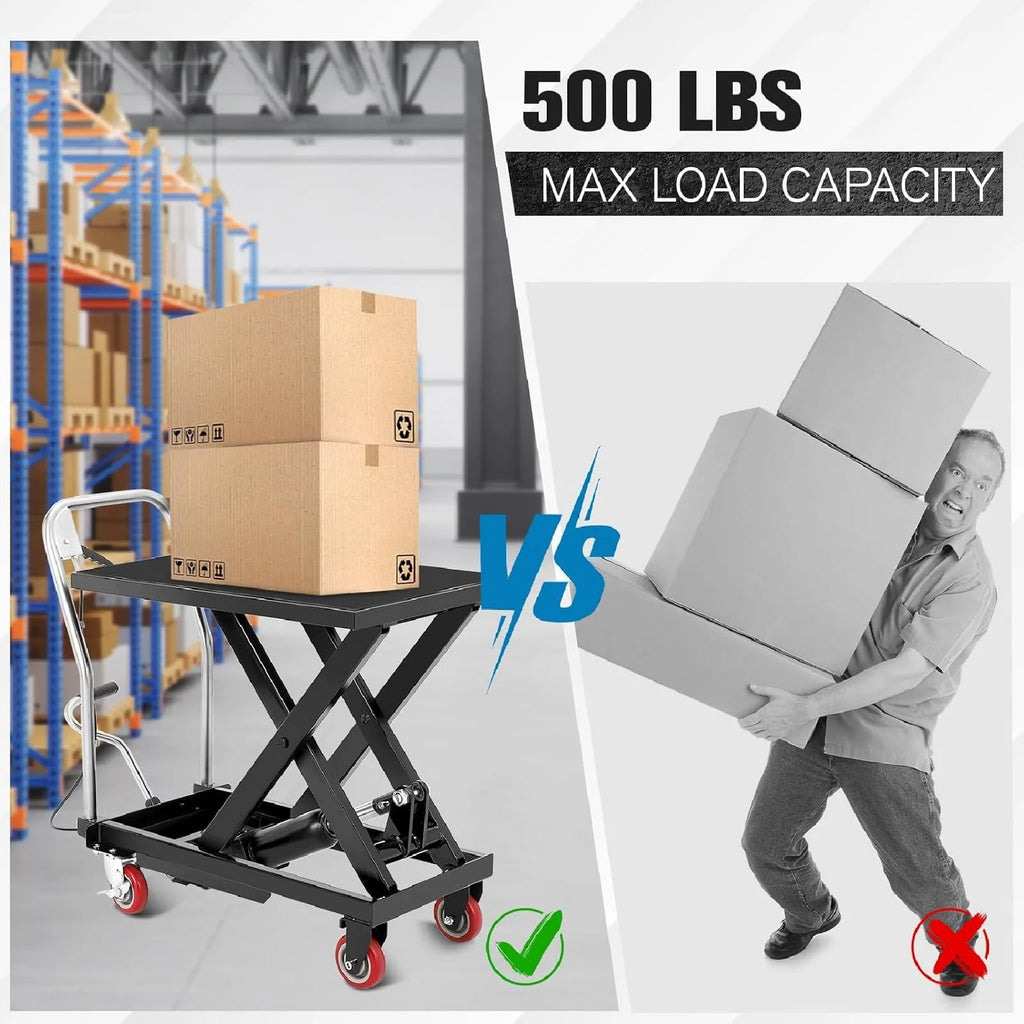 M optimized Hydraulic Lift Table, 500 Lbs Capacity Hydraulic Table Cart, Single Scissor Lift Cart 28.5 Inch Lifting Height with 4 Wheels and Non-Slip Pad for Material Handling, Black