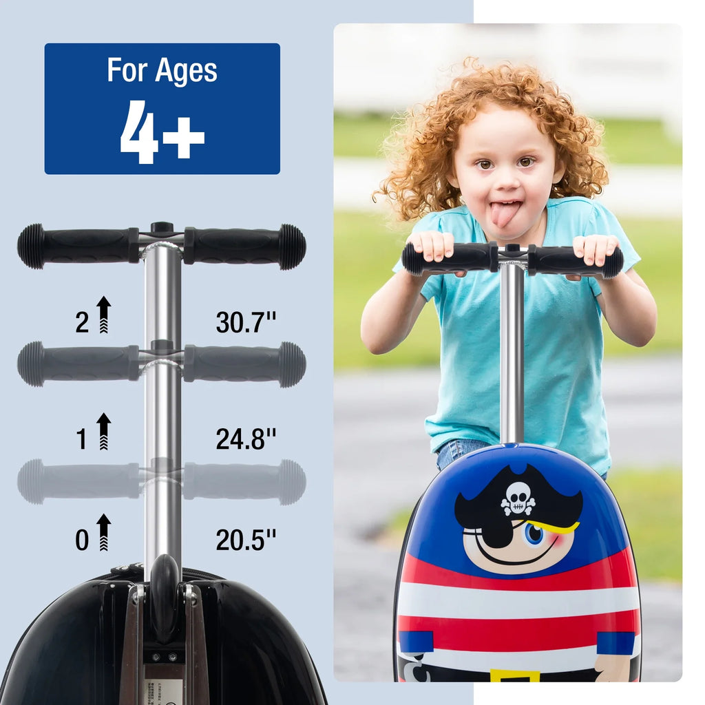 Kids Luggage Scooter, 3-Level Height Adjustable, Pirate Theme  Foldable Carry-On Suitcase, Lightweight Ride-On Scooter