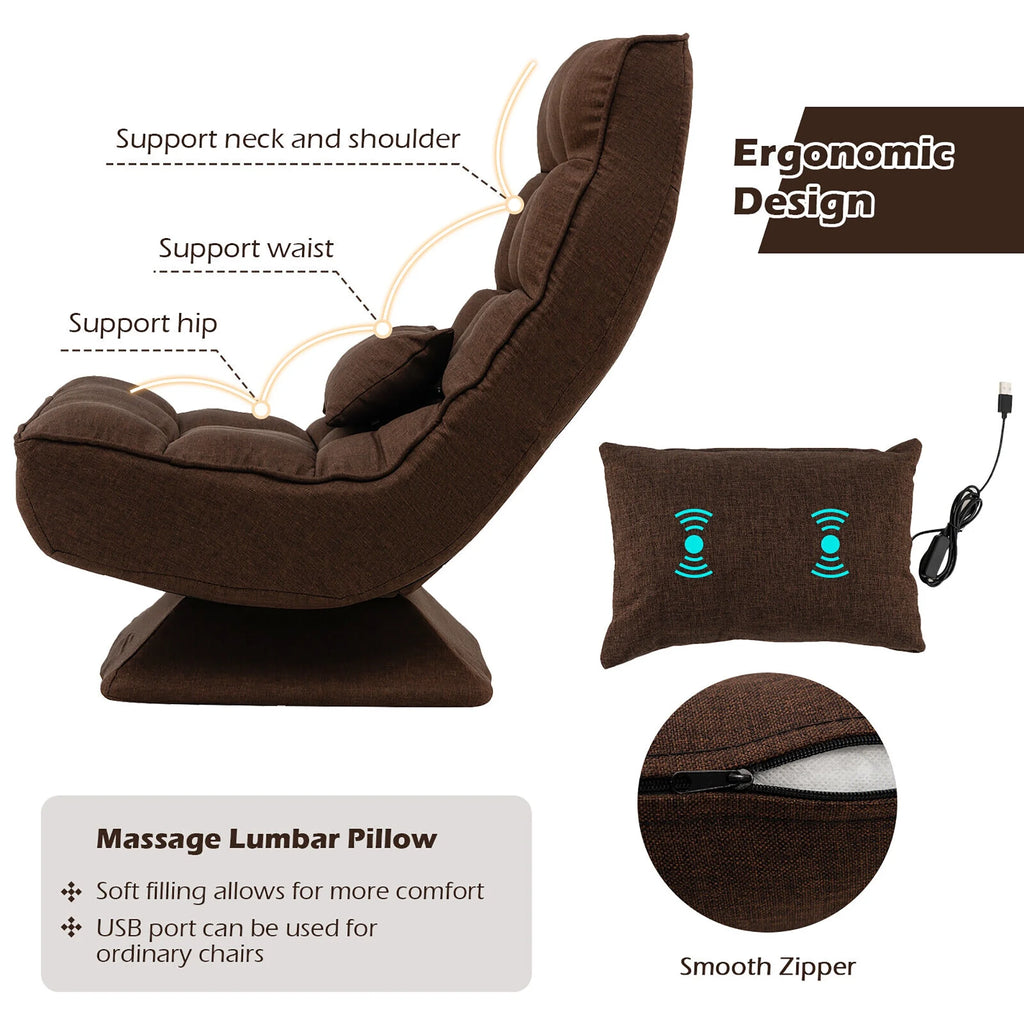 Costway 360 Swivel Floor Chair 5-Level Adjustable Lazy Chair w/ Massage Pillow Black