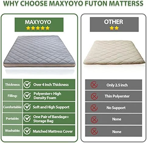 Japanese Floor Futon Mattress King Size, Floor Bed for Adults, Roll Up Folding Mattress, Diamond Patterned Japanese Futon Bed, Dark Grey