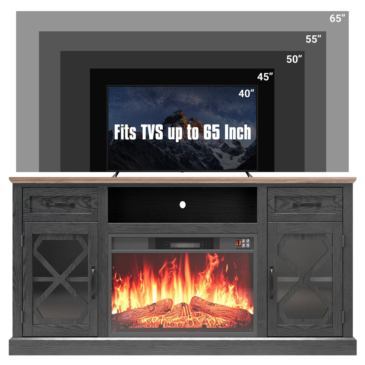 SESSLIFE Fireplace TV Stand for 65 Inch TV, TV Console with 23''Electric Fireplace, Console Entertainment Center Television Table for Living Room or Bedroom, Brown