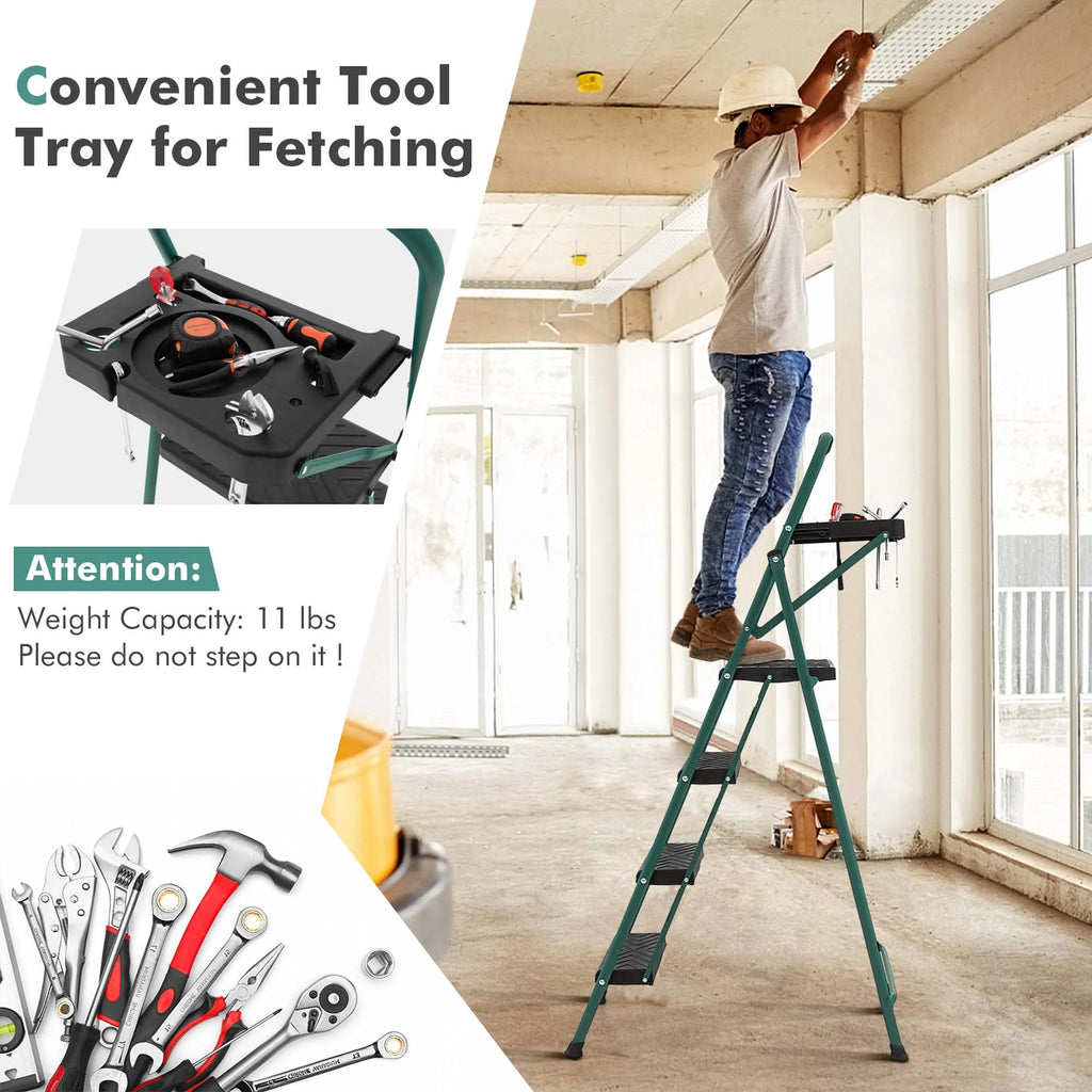 Costway 4 Step Ladder Folding Portable Anti-Slip Steel Step Stool 330lbs with Tool Platform