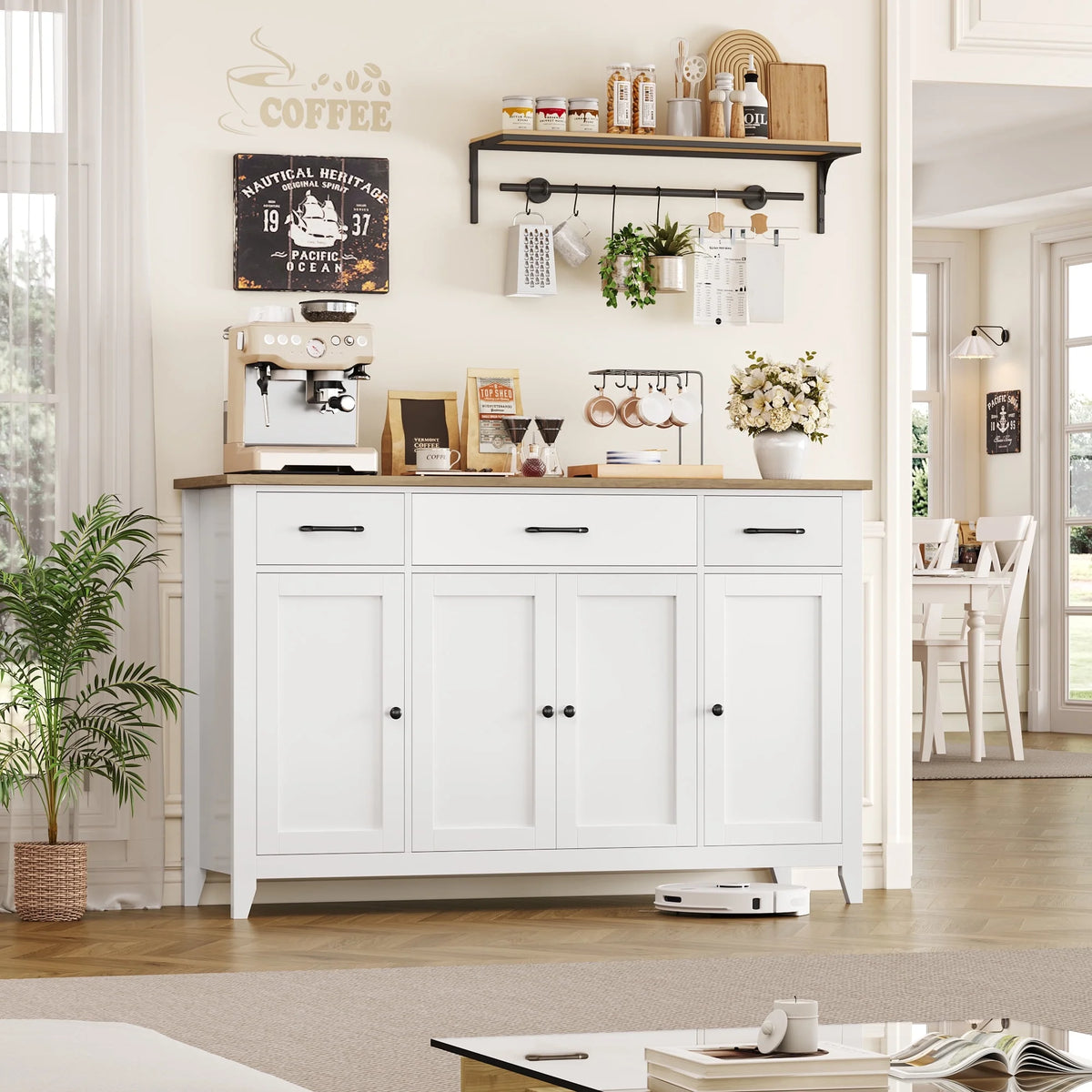 Hiphuta 55"Wide Buffet Cabinet with 2 Adjustable Shelves, Modern Farmhouse Coffee Bar with 3 Drawers and Sturdy Base for Living Room, White