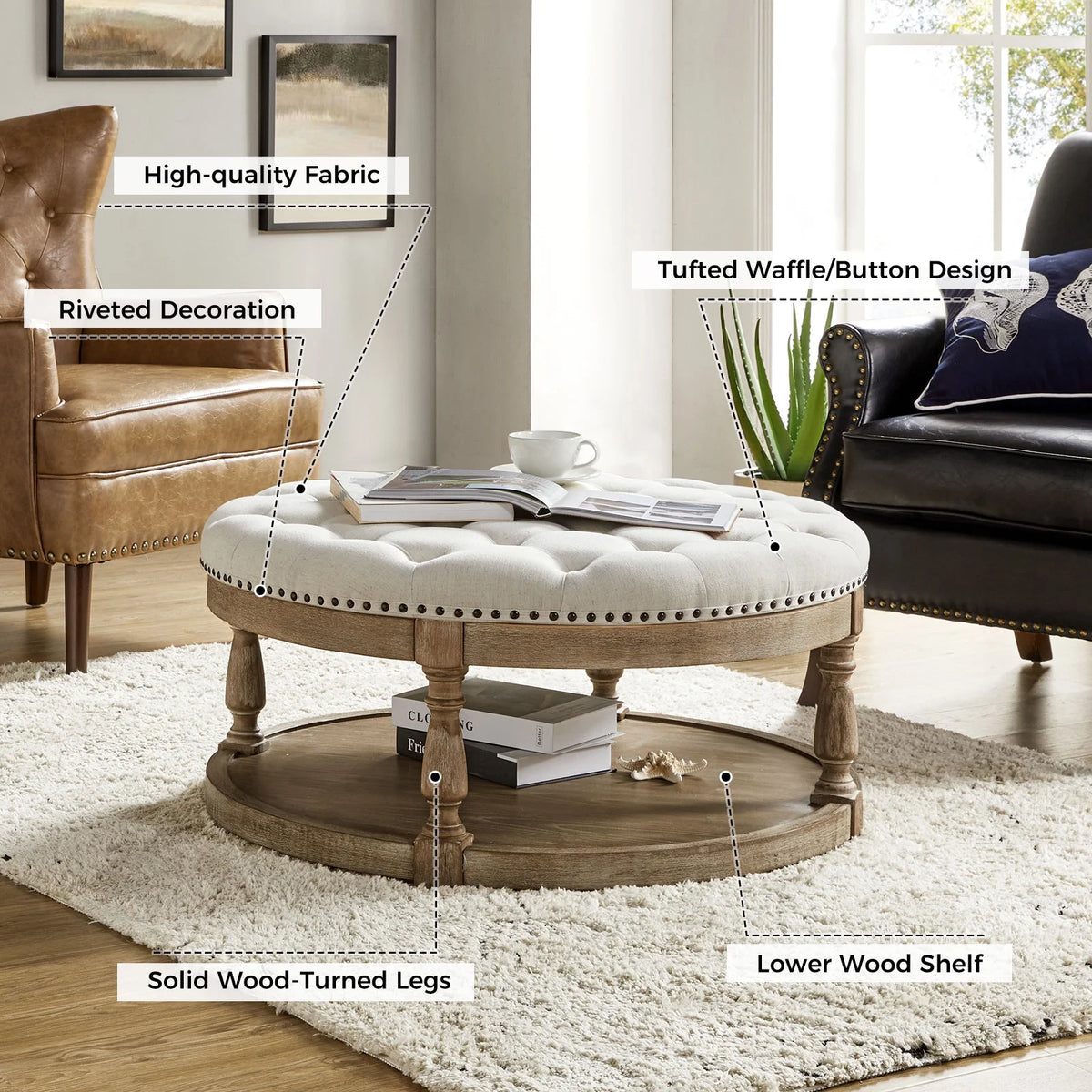 36'' Wide Blue Round Large Ottoman Tufted Coffee Table with Storage Wood Legs Home Living Room