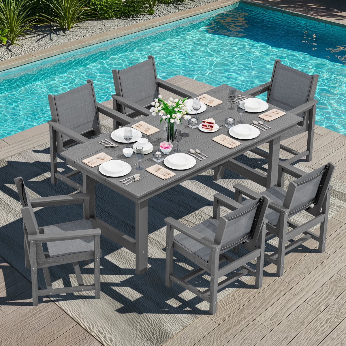 SERWALL Outdoor HDPE Dining Table Set, 7-Piece Outdoor Dining Table Sets with Umbrella Hole, Grey