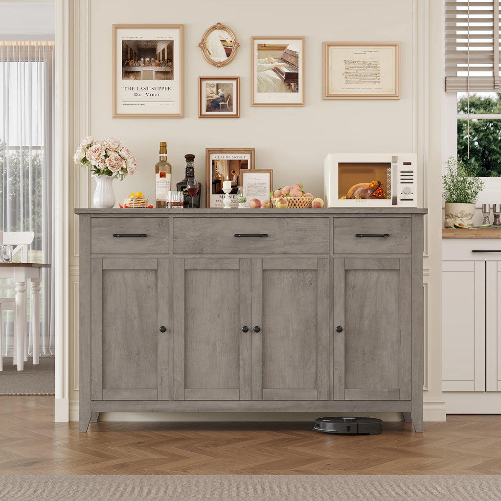 Hiphuta 55"Wide Buffet Cabinet with 2 Adjustable Shelves, Modern Farmhouse Coffee Bar with 3 Drawers and Sturdy Base for Living Room, White