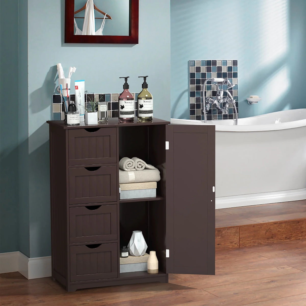 Bathroom Storage Wooden 4 Drawer Cabinet Cupboard 2 Shelves Free Standing White
