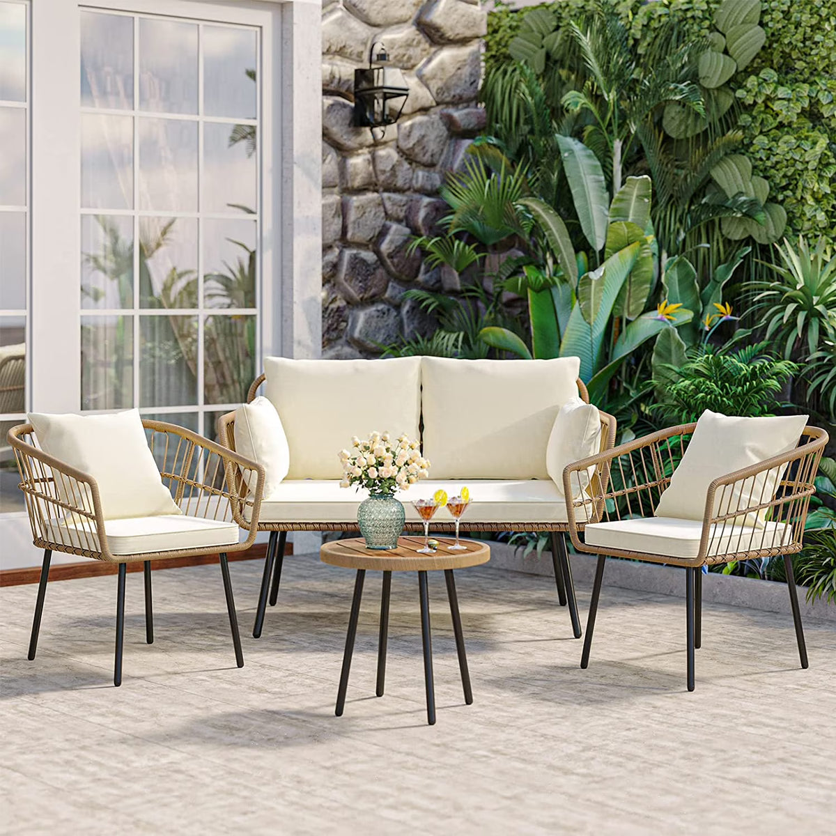Dextrus 5 pieces Outdoor Dining Set, Patio Dining Sets with 4 Rattan Wicker Dining Chair and Round Table With Umbrella Hole, Sectional Conversation Set for Backyard, Balcony, Garden, Lawn