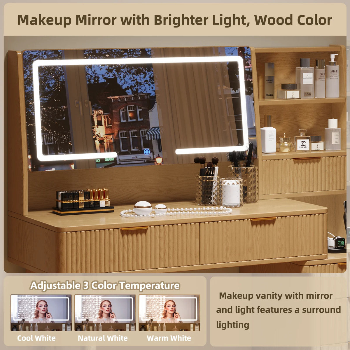 UGTOO 45.2" Modern Vanity Desk with LED Mirror & USB Charging, Wood Makeup Dressing Table with 7 Drawers for Bedroom